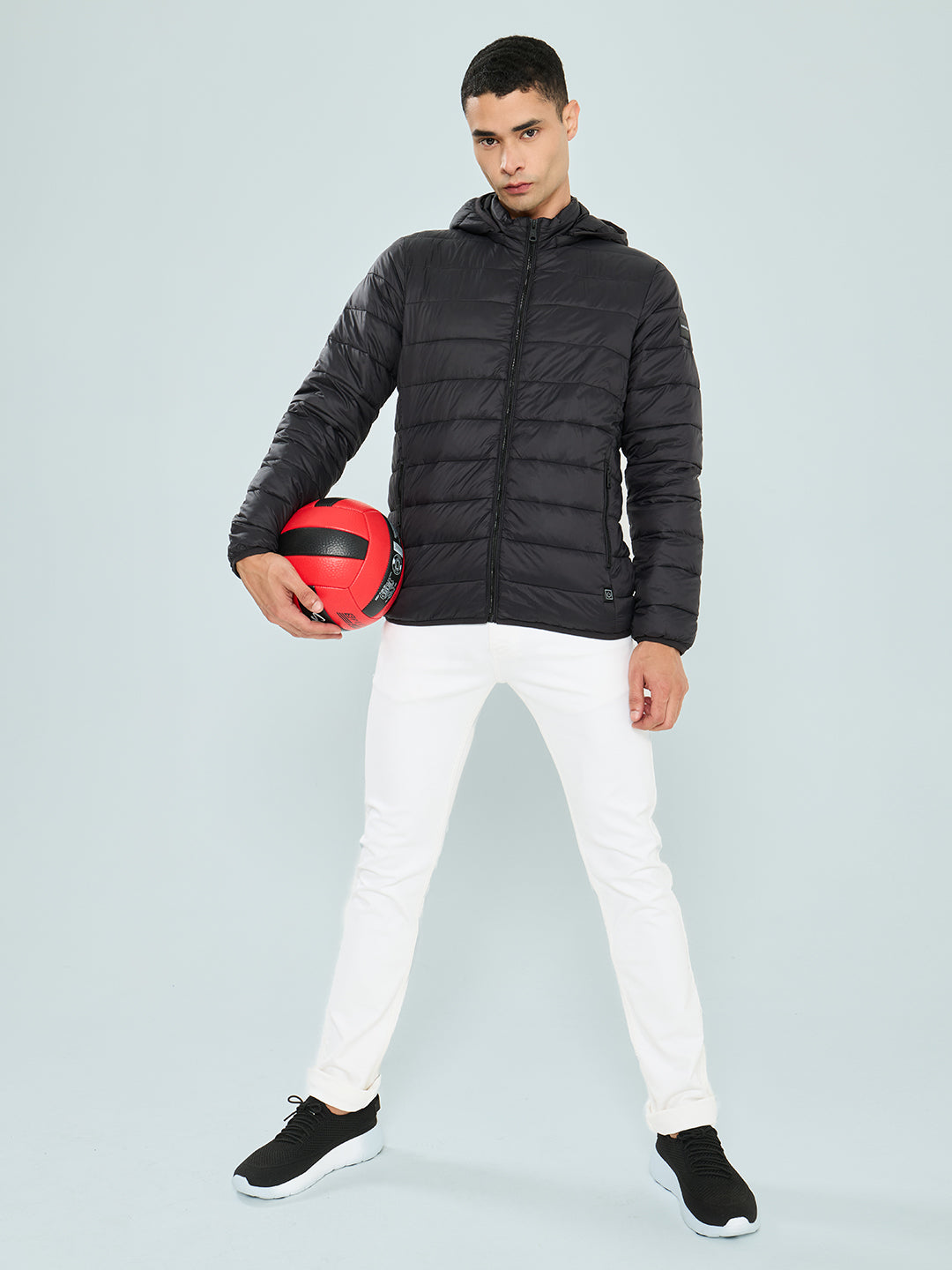 Men Black Solid Electric Heated Puffer Jacket with Detachable Hood
