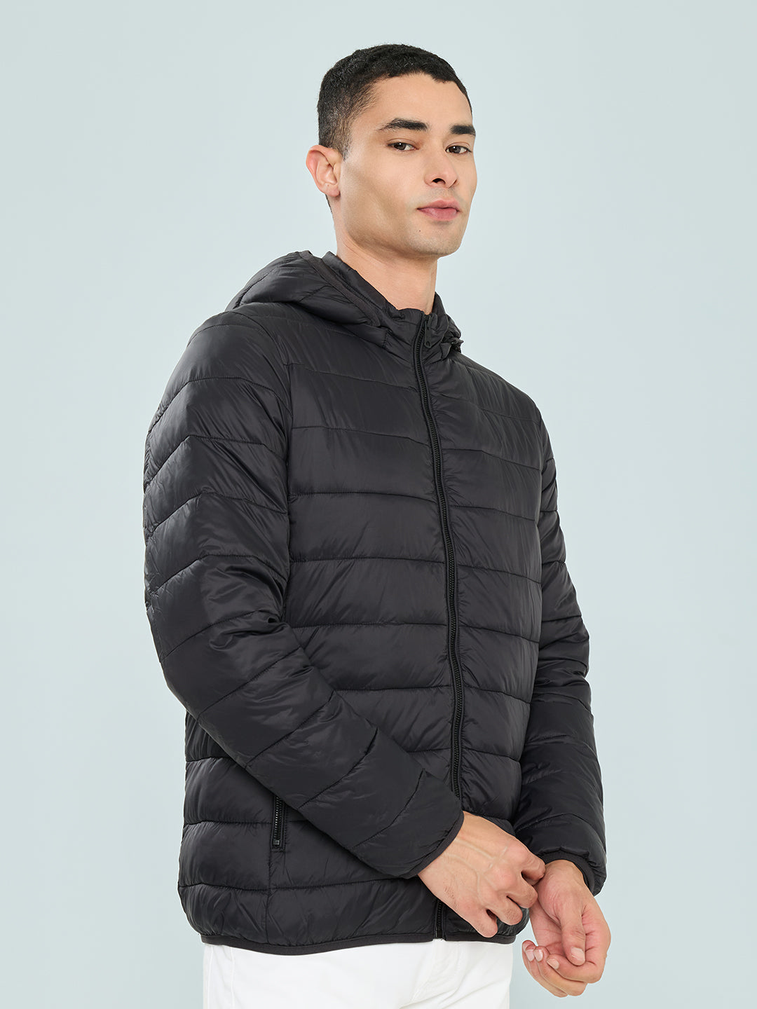 Men Black Solid Electric Heated Puffer Jacket with Detachable Hood
