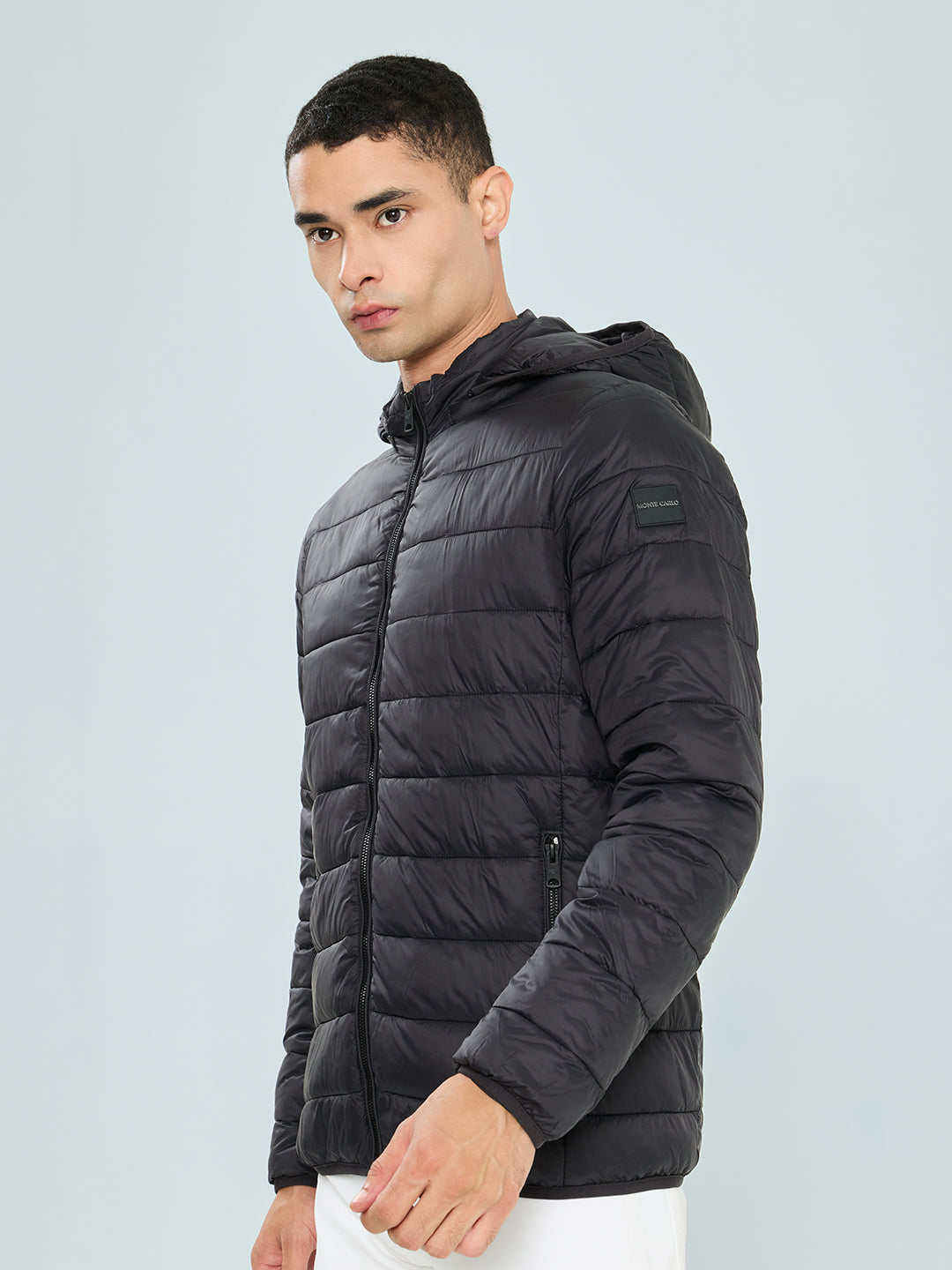 Men Black Solid Electric Heated Puffer Jacket with Detachable Hood