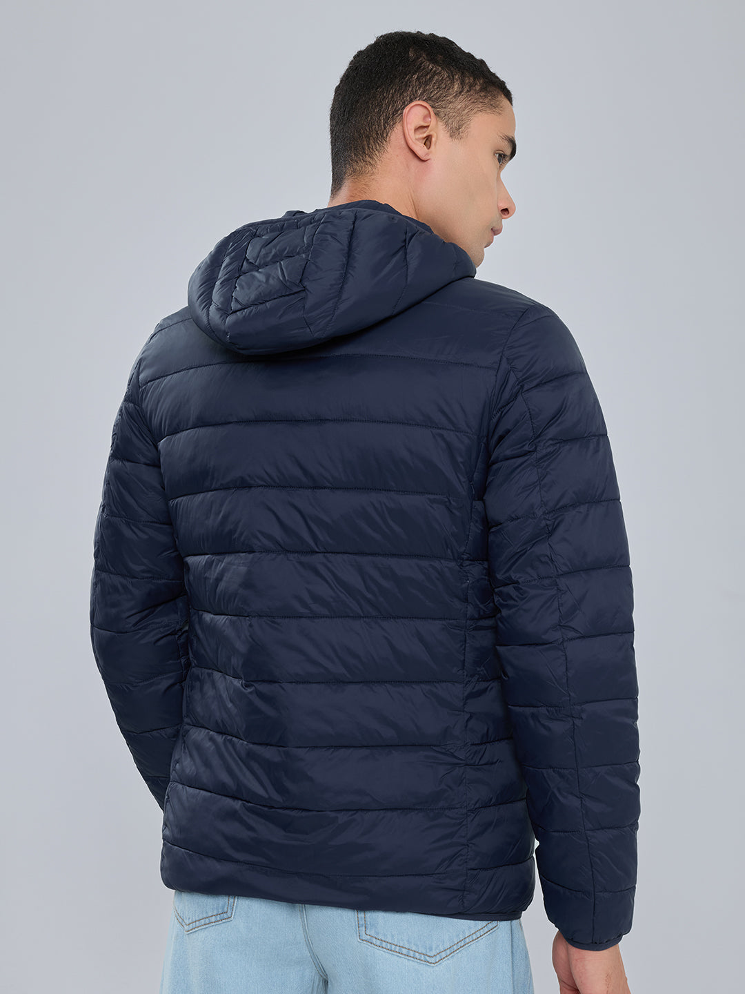 Men Navy Blue Solid Heated Puffer Jacket with Detachable Hood