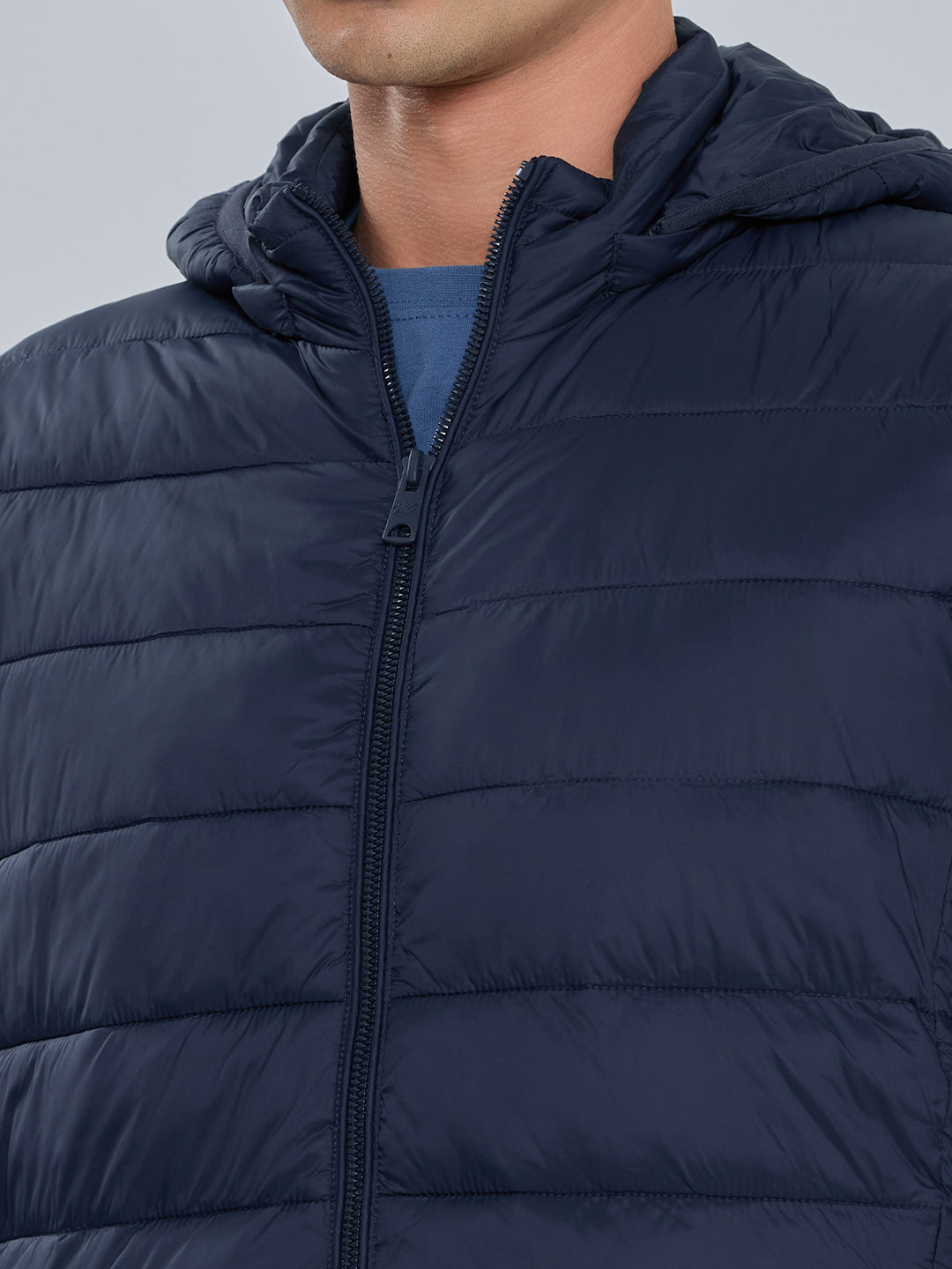 Men Navy Blue Solid Heated Puffer Jacket with Detachable Hood