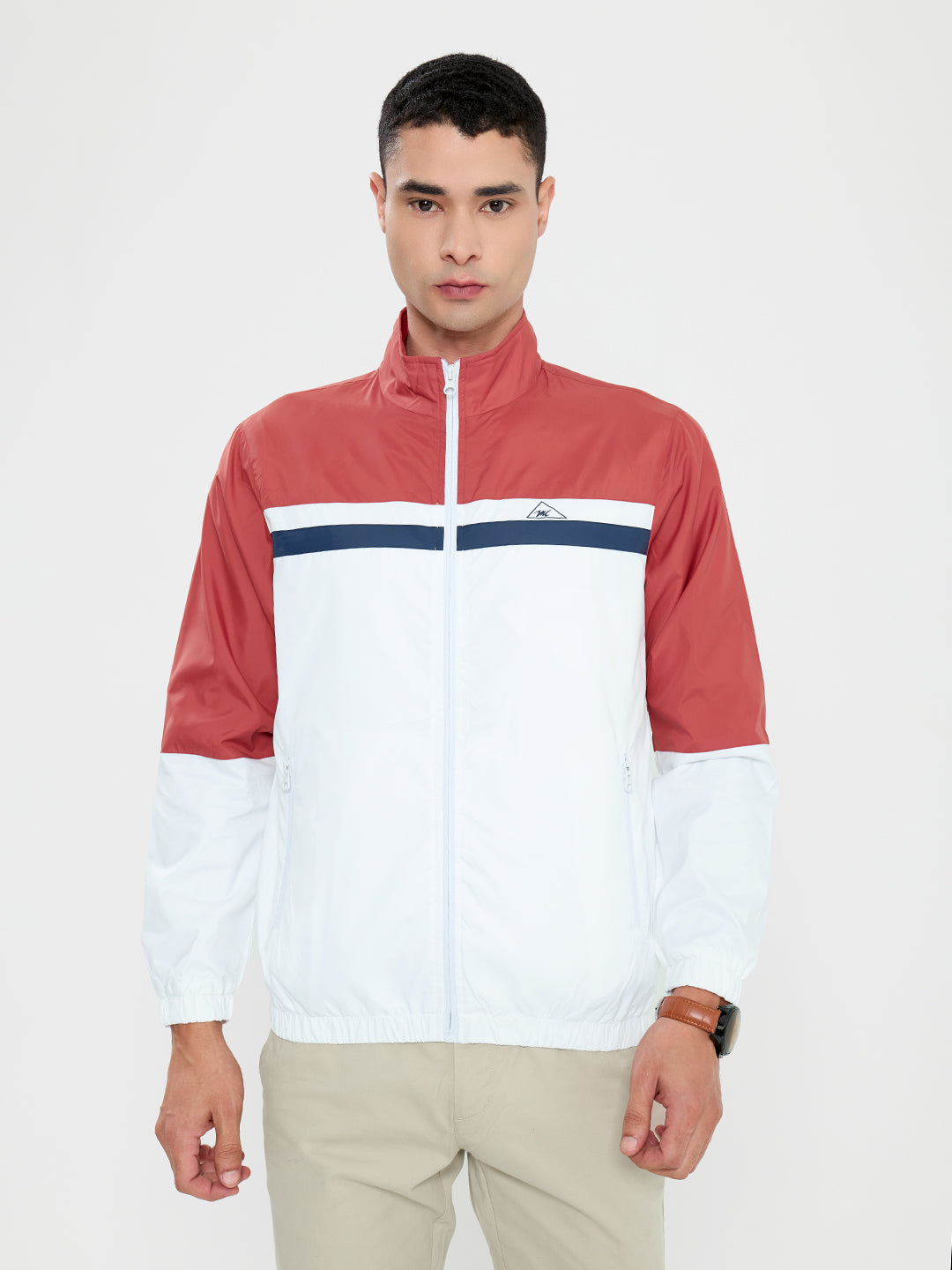 Men Rust Self Design Collar Full Sleeve Windcheater