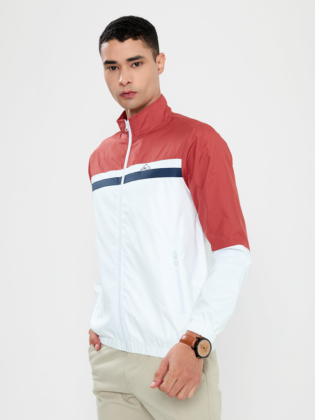 Men Rust Self Design Collar Full Sleeve Windcheater