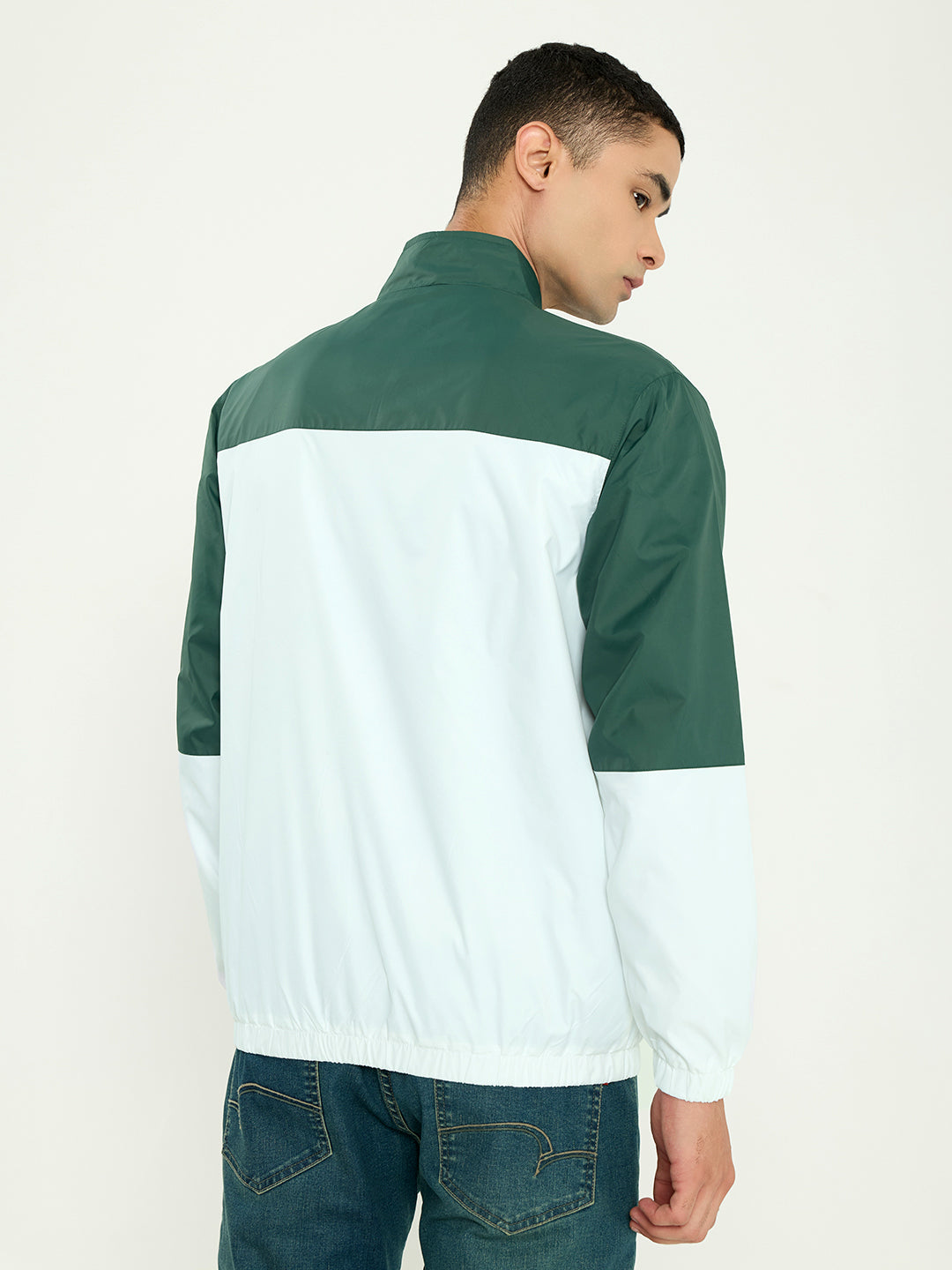 Men Green Self Design Collar Full Sleeve Windcheater