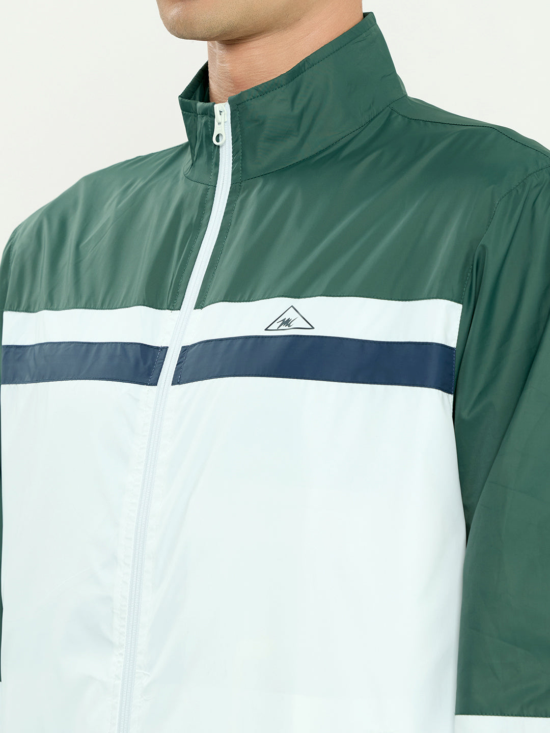 Men Green Self Design Collar Full Sleeve Windcheater