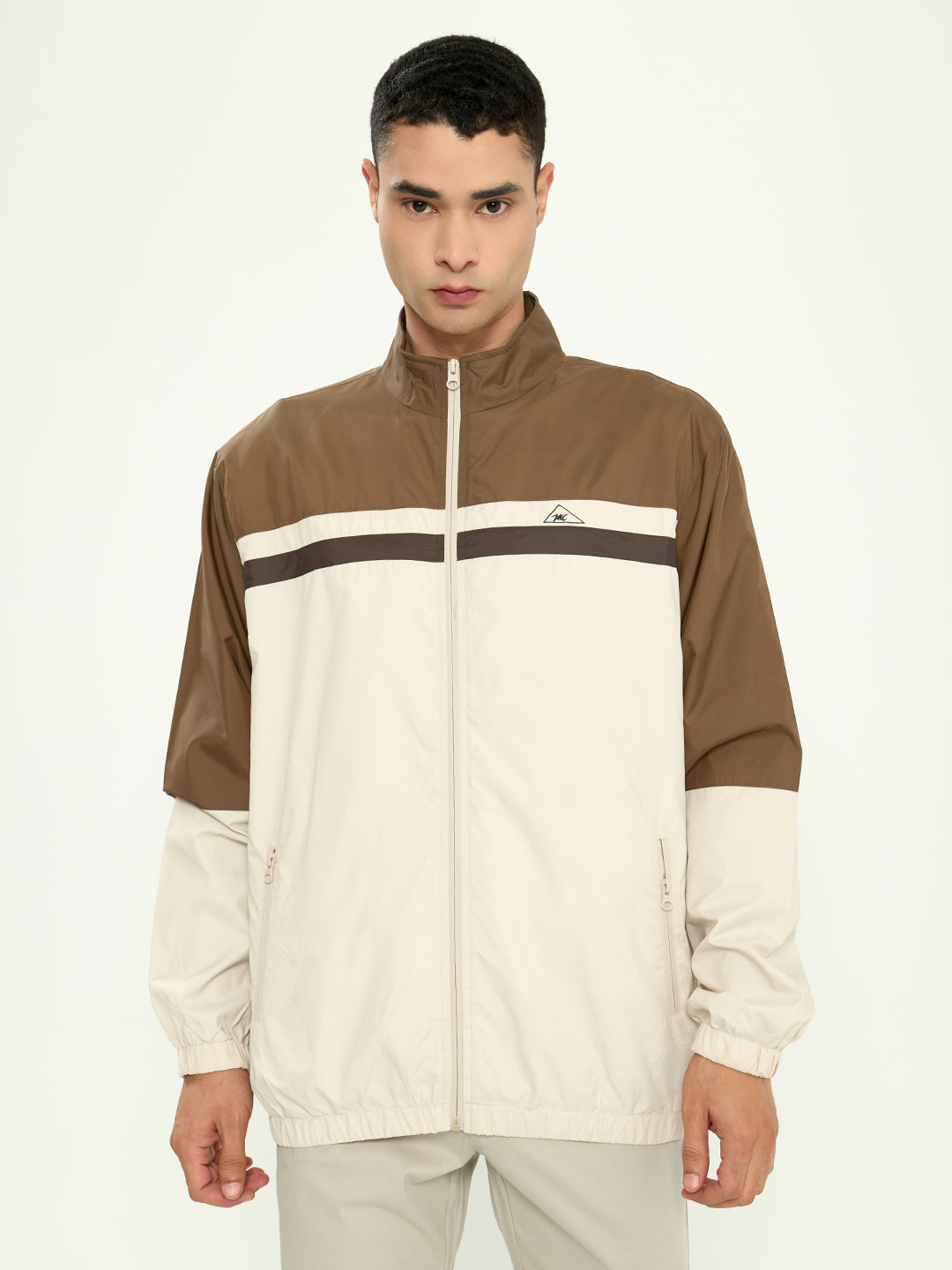 Men Khaki Self Design Collar Full Sleeve Windcheater