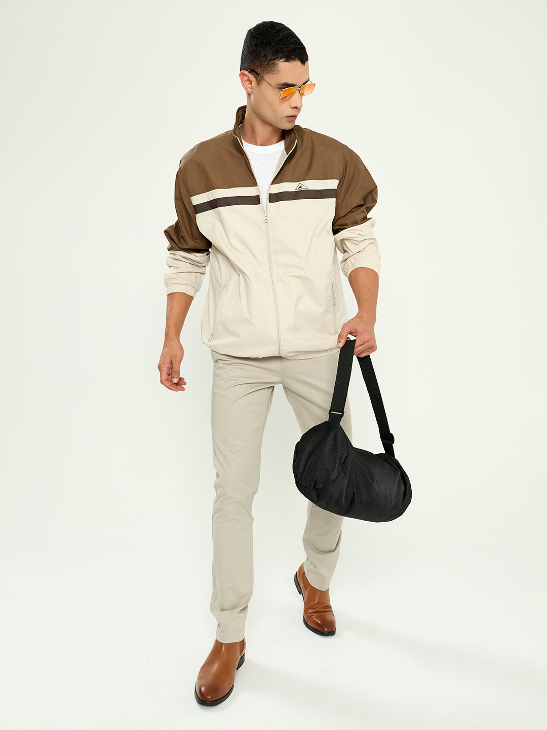 Men Khaki Self Design Collar Full Sleeve Windcheater