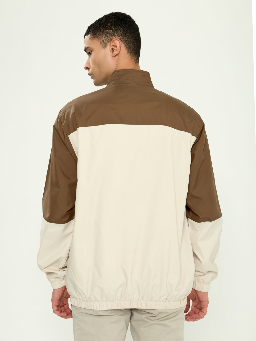 Men Khaki Self Design Collar Full Sleeve Windcheater