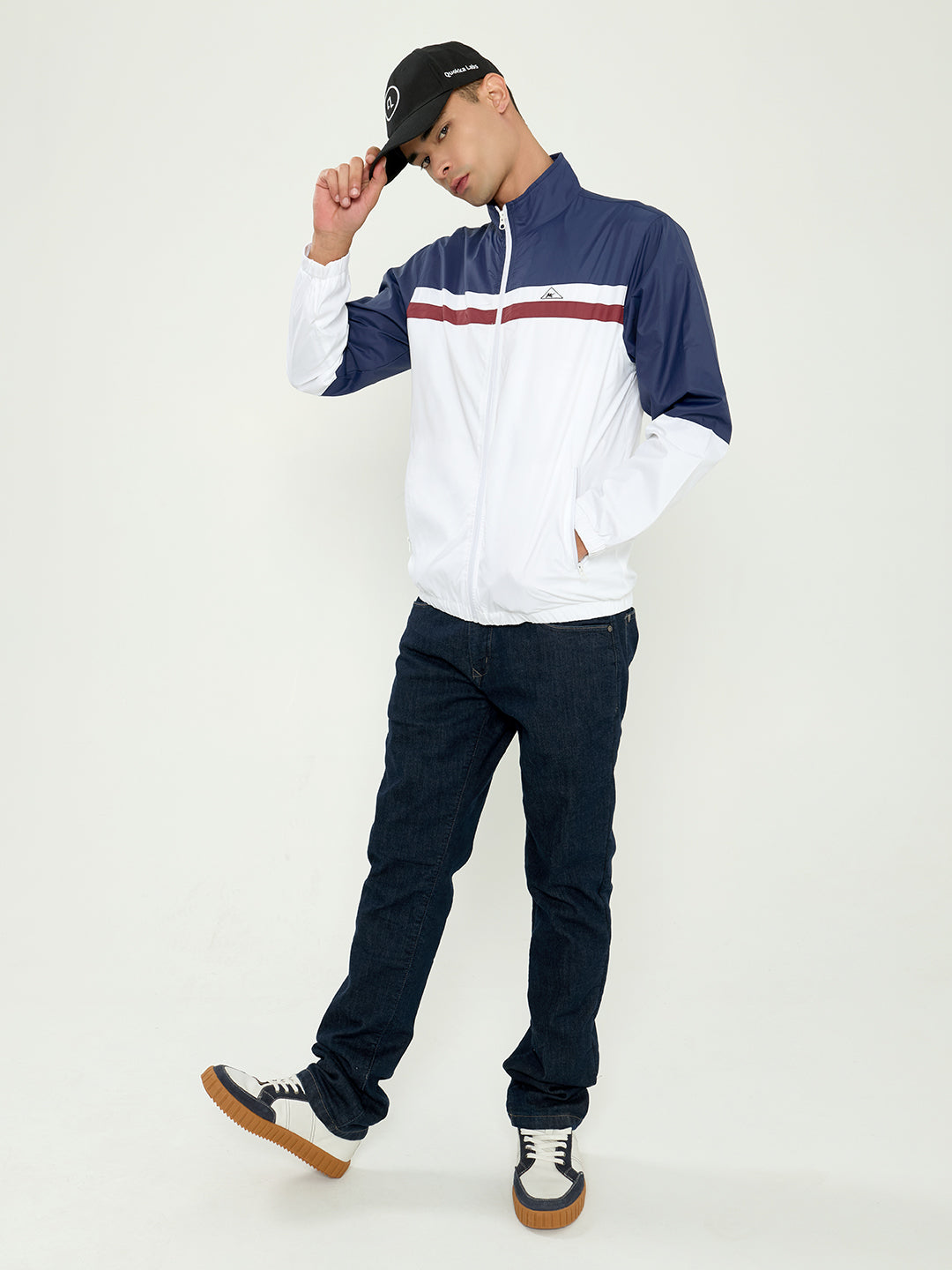 Men Navy Blue Self Design Collar Full Sleeve Windcheater
