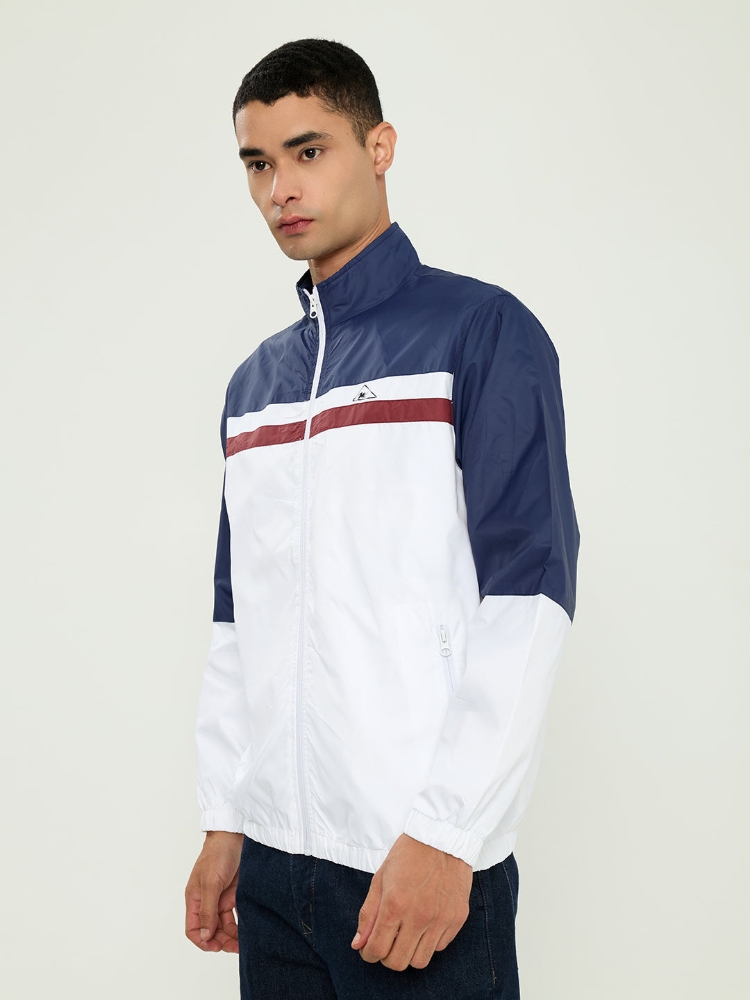 Men Navy Blue Self Design Collar Full Sleeve Windcheater