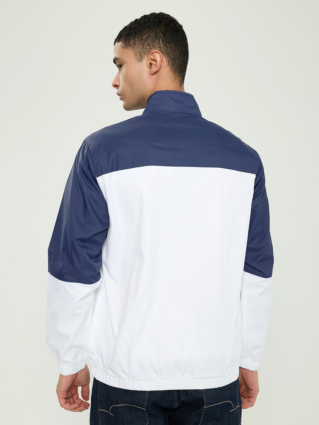 Men Navy Blue Self Design Collar Full Sleeve Windcheater