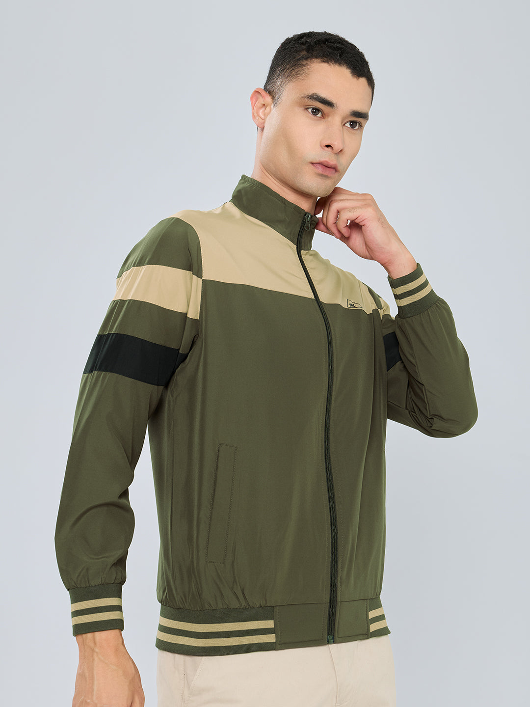 Men Olive Self Design Stand Collar Full Sleeve Windcheater