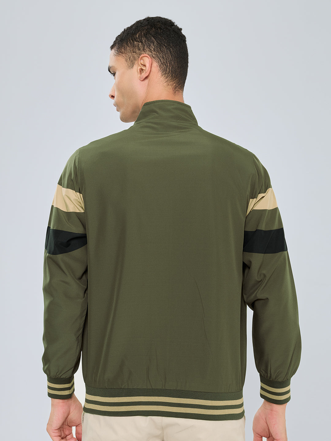 Men Olive Self Design Stand Collar Full Sleeve Windcheater