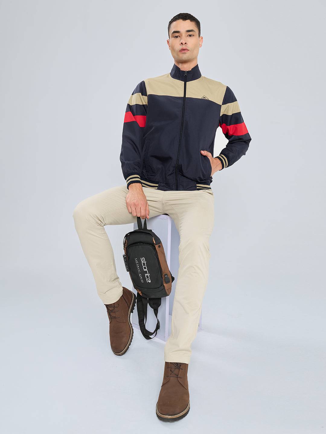 Men Beige Self Design Stand Collar Full Sleeve Windcheater