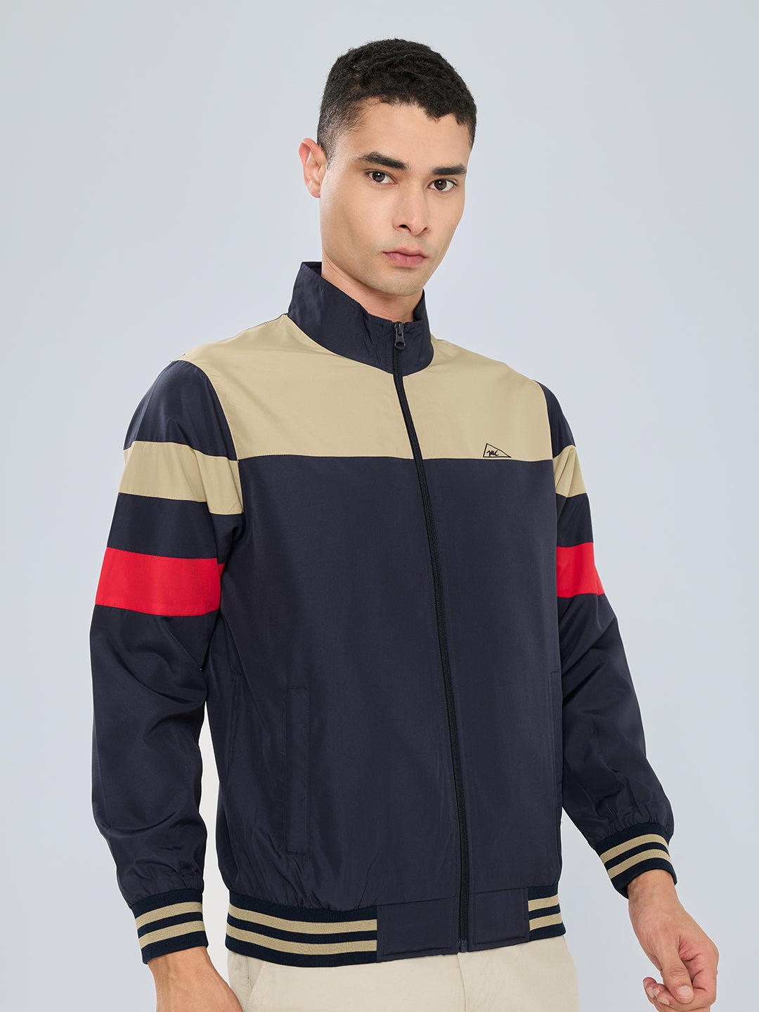 Men Beige Self Design Stand Collar Full Sleeve Windcheater