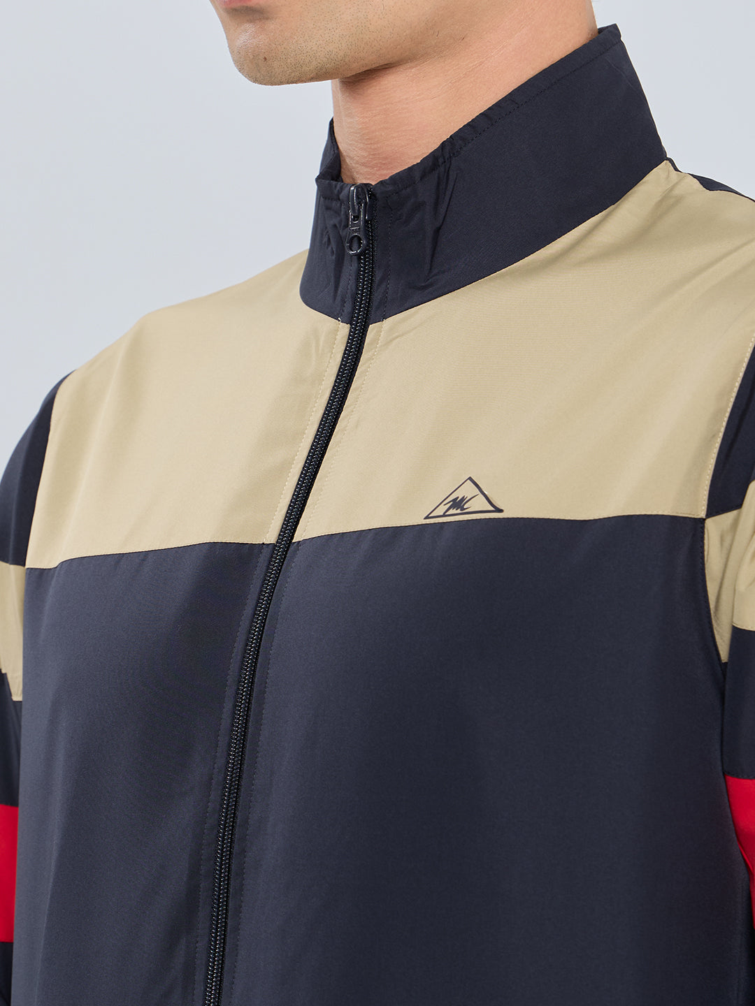 Men Beige Self Design Stand Collar Full Sleeve Windcheater