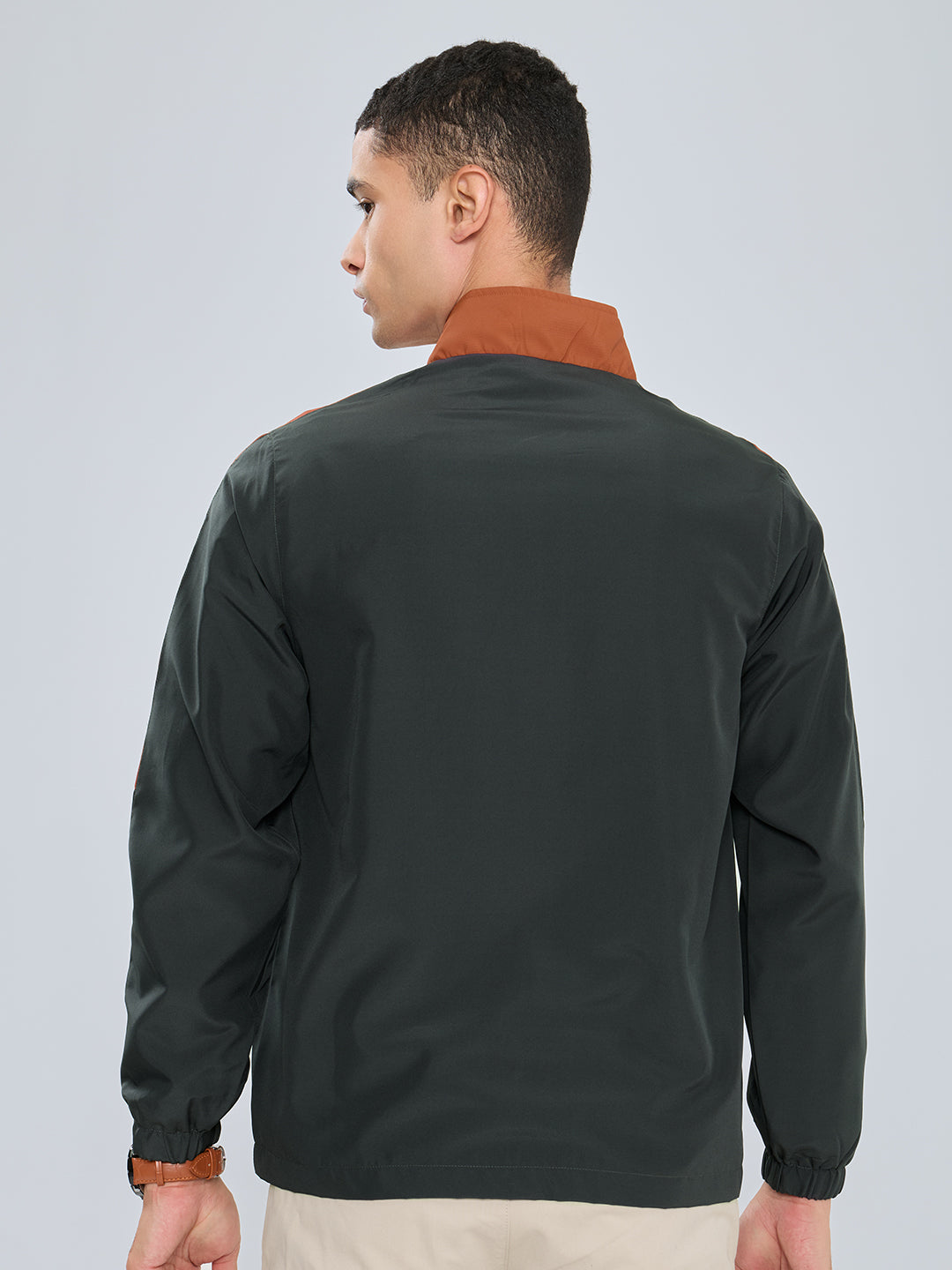 Men Charcoal Self Design Collar Full Sleeve Windcheater