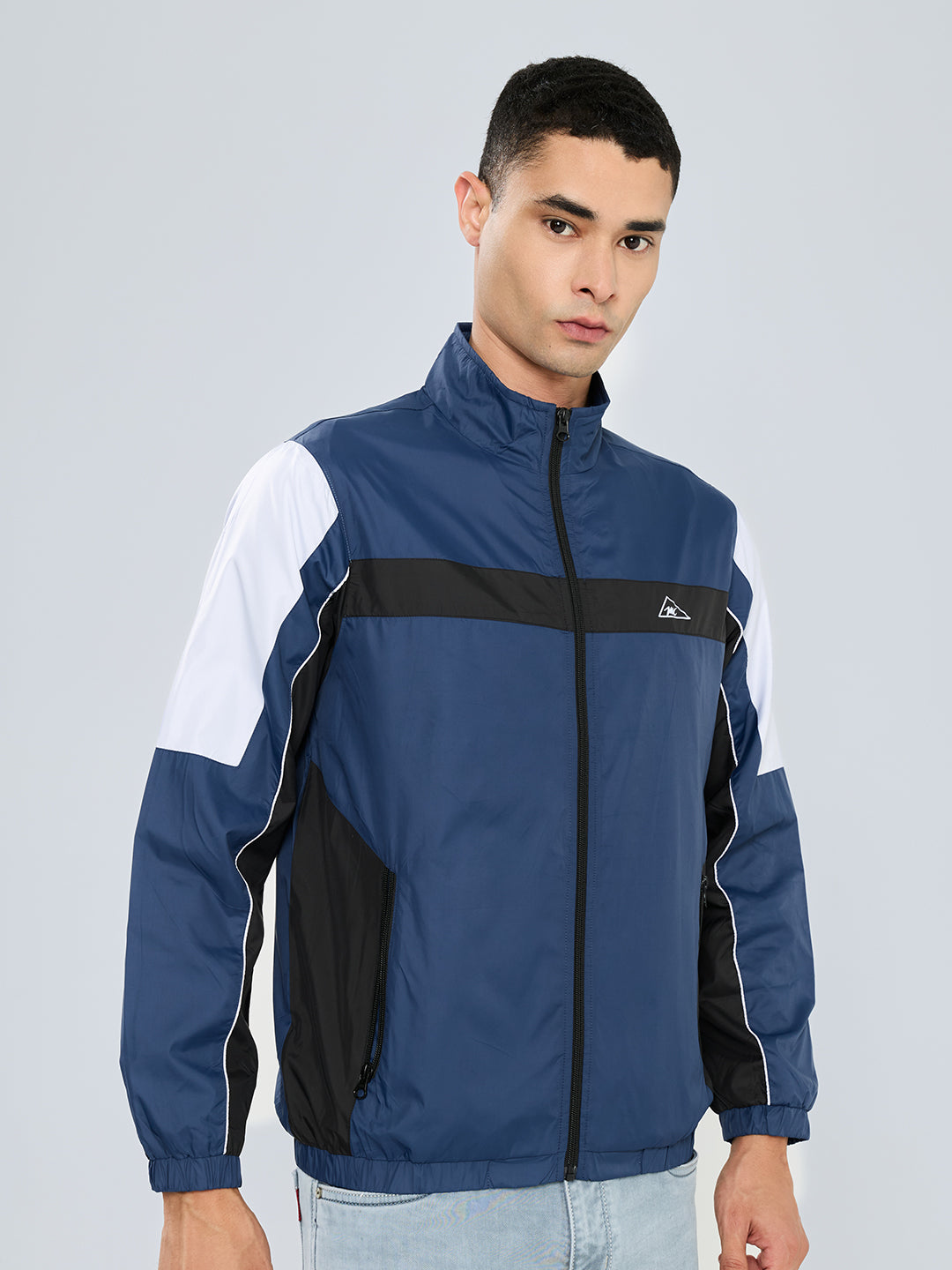 Men Blue Self Design Collar Full Sleeve Windcheater
