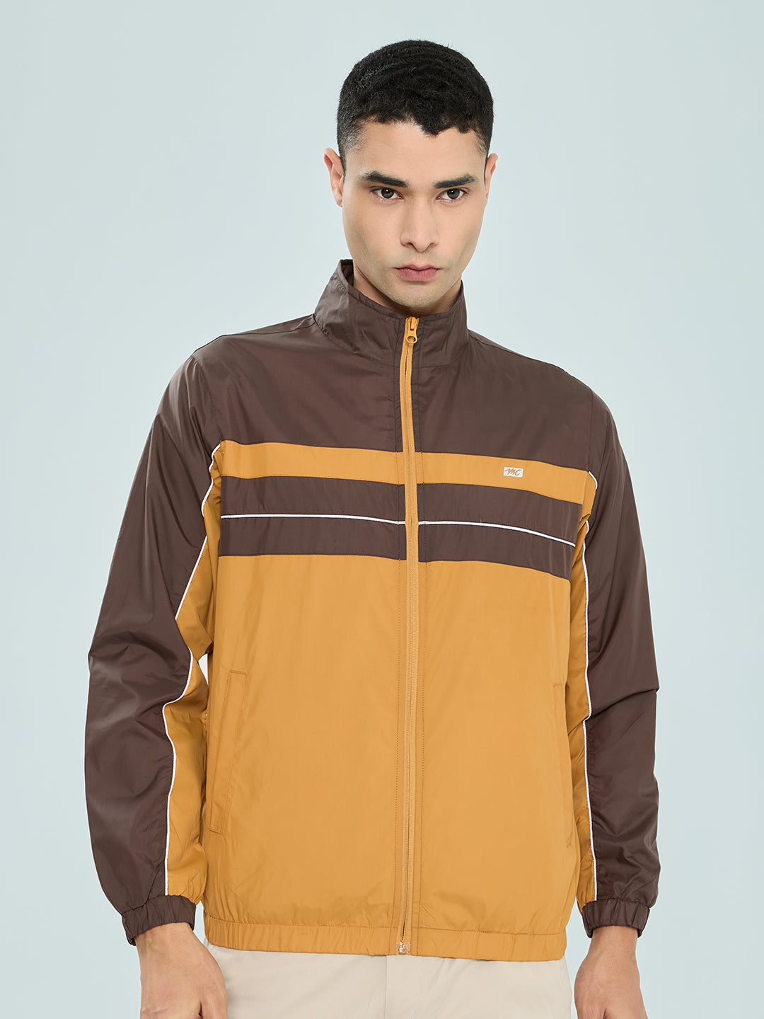 Men Mustard Self Design Mandarin Collar Full Sleeve Windcheater