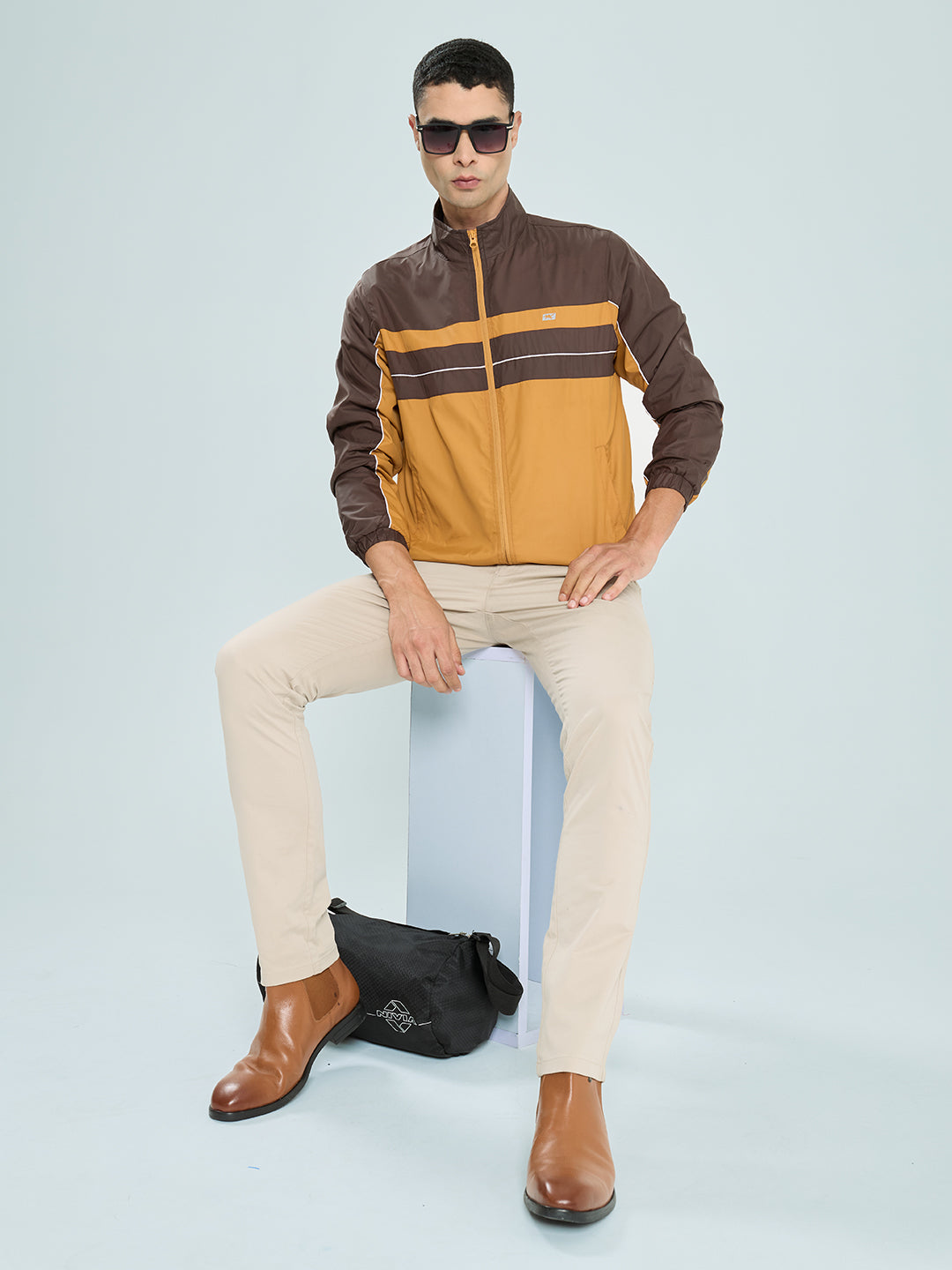 Men Mustard Self Design Mandarin Collar Full Sleeve Windcheater
