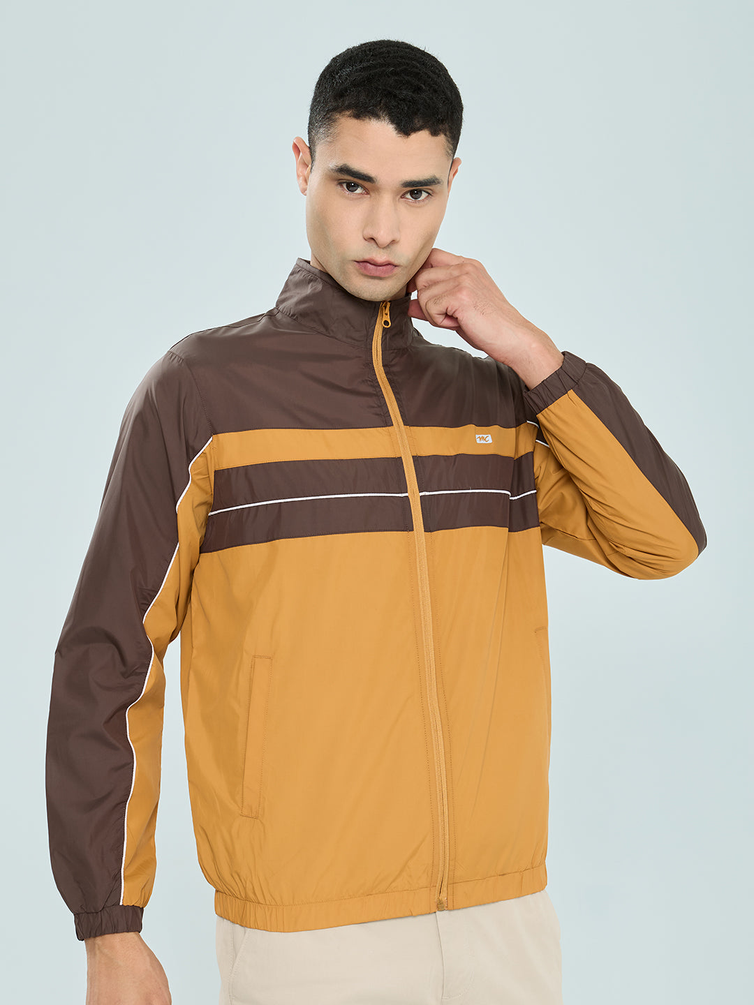 Men Mustard Self Design Mandarin Collar Full Sleeve Windcheater