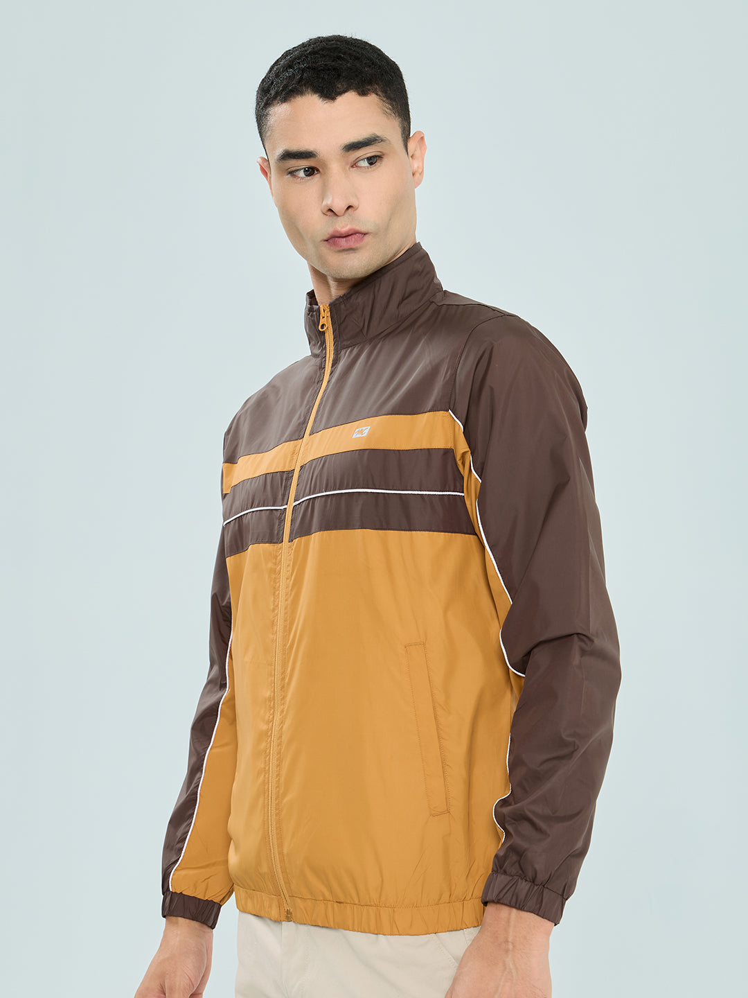 Men Mustard Self Design Mandarin Collar Full Sleeve Windcheater