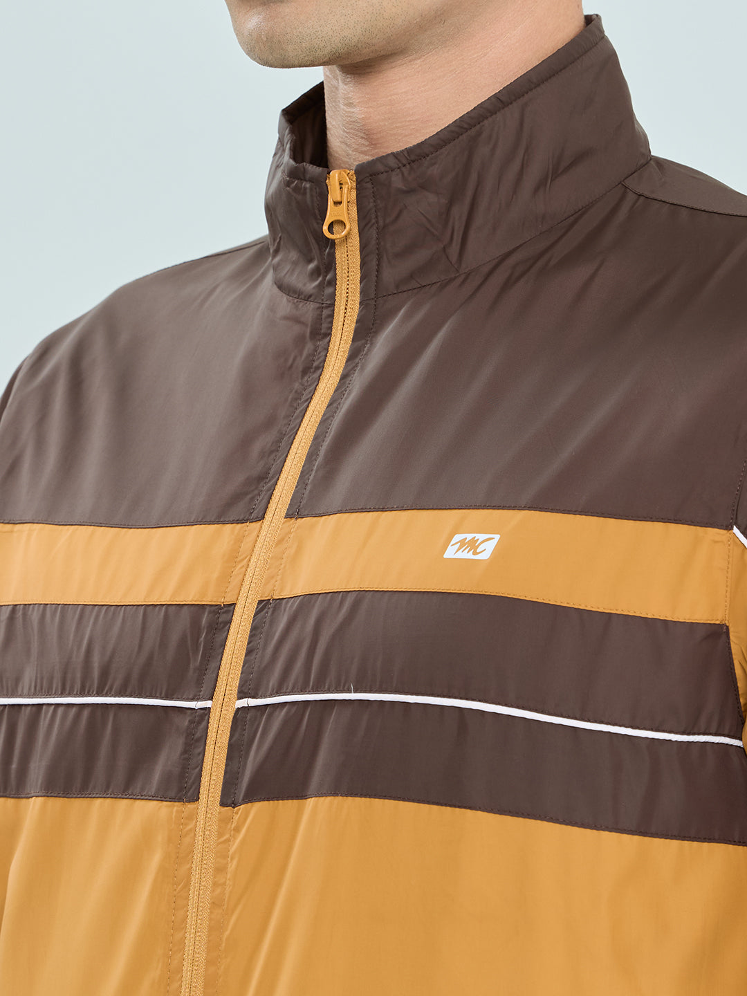Men Mustard Self Design Mandarin Collar Full Sleeve Windcheater
