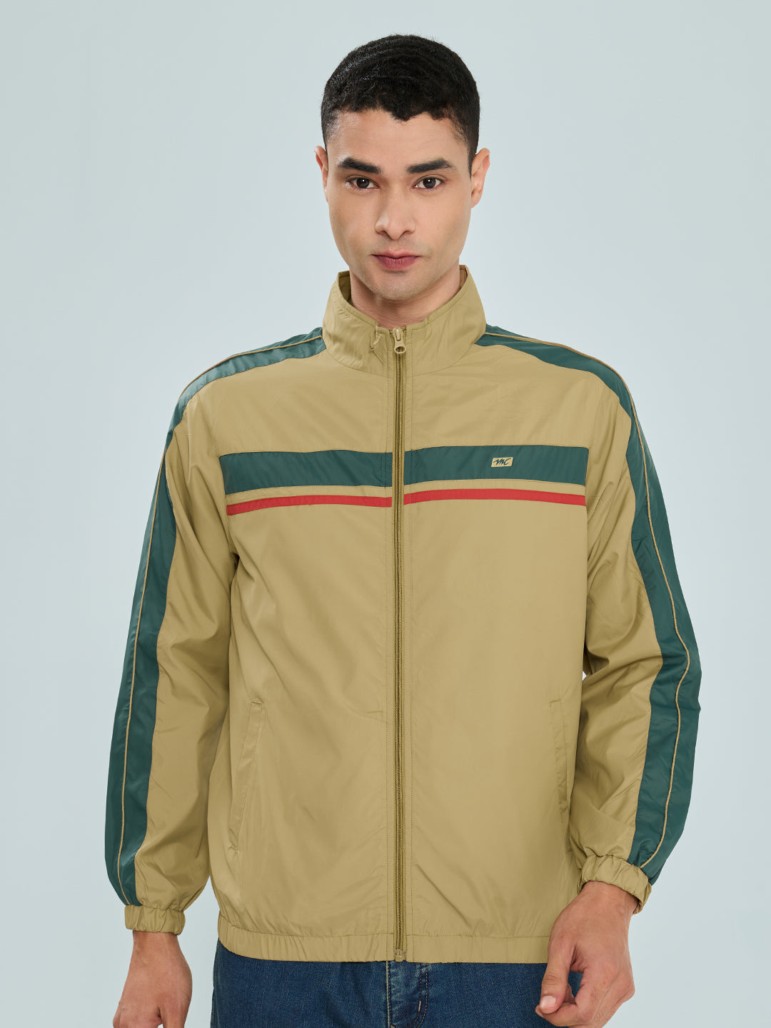 Men Camel Brown Self Design Collar Full Sleeve Windcheater