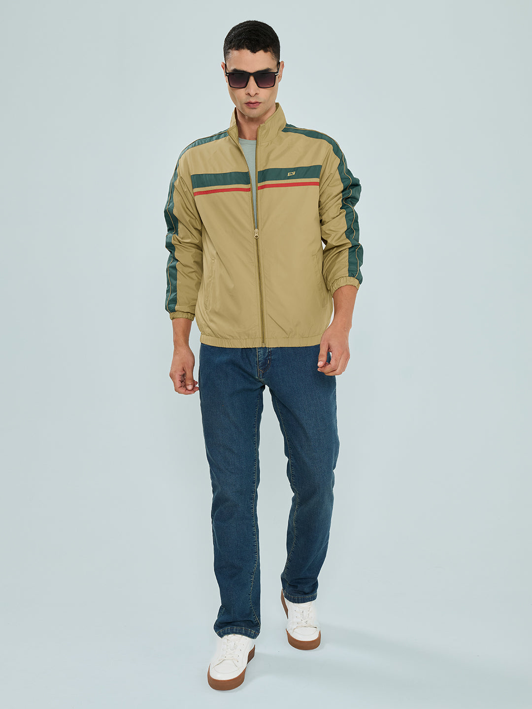 Men Camel Brown Self Design Collar Full Sleeve Windcheater