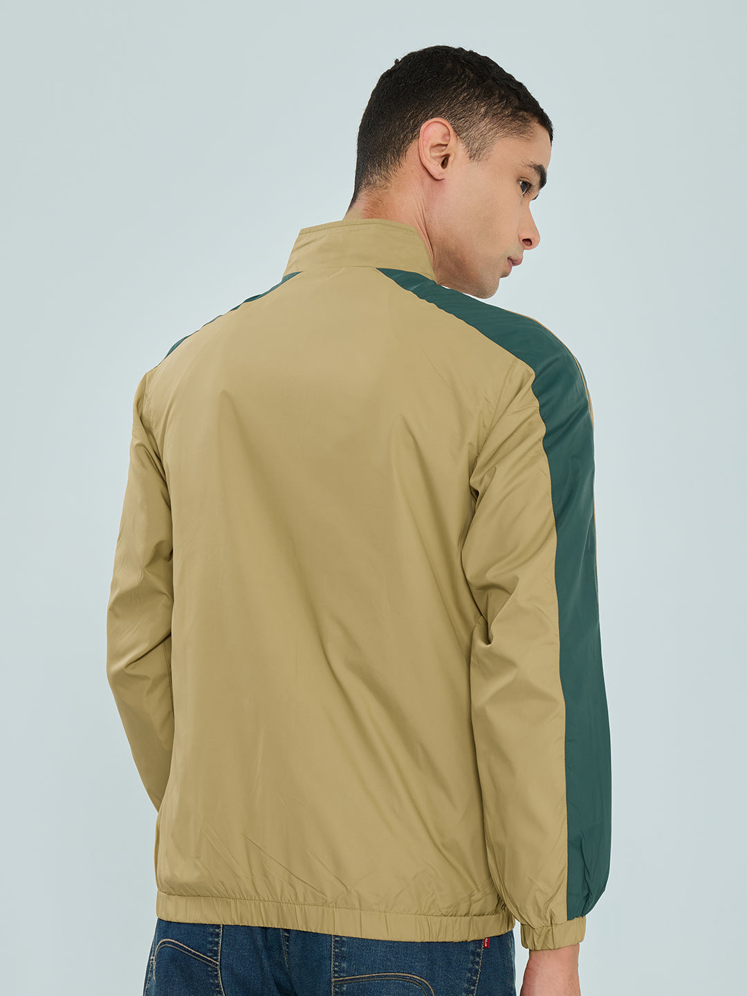 Men Camel Brown Self Design Collar Full Sleeve Windcheater