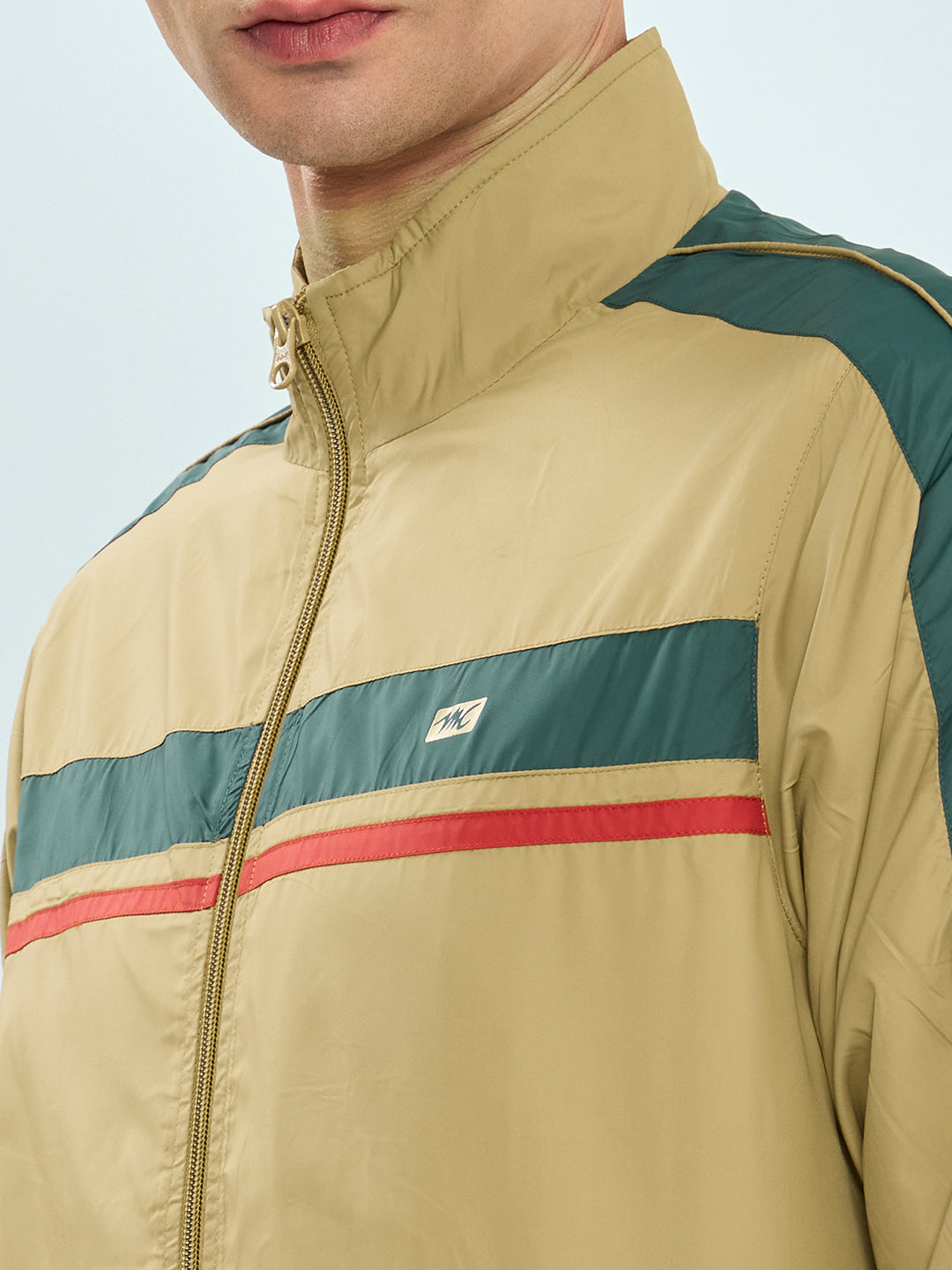 Men Camel Brown Self Design Collar Full Sleeve Windcheater