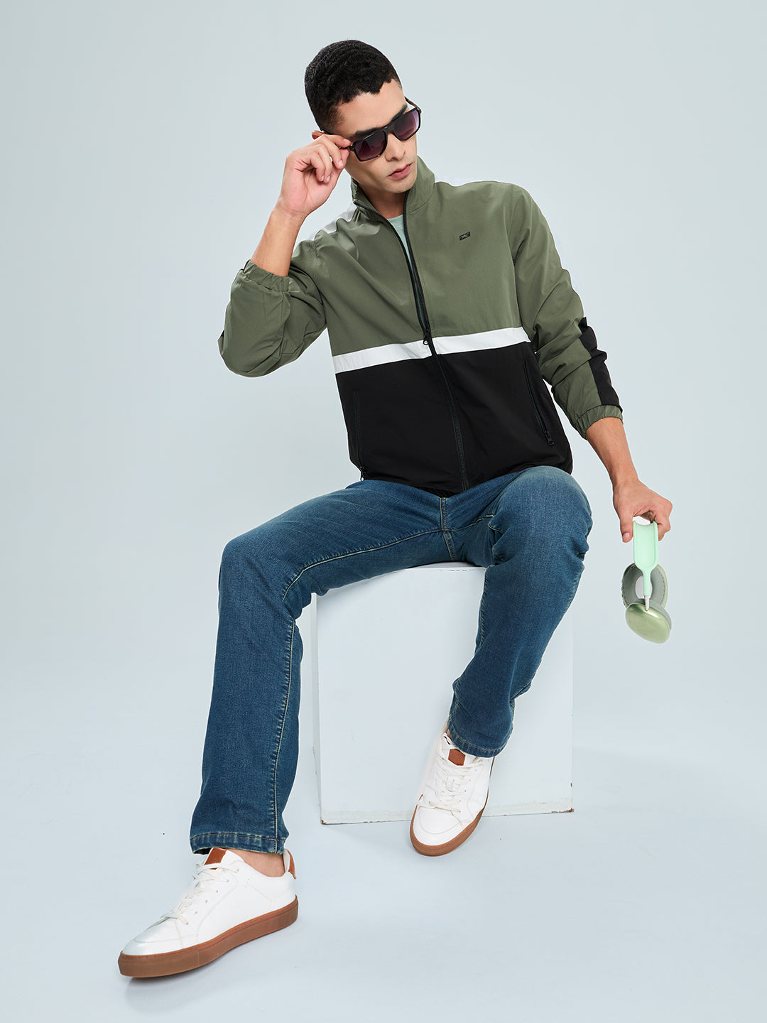 Men Olive Self Design Collar Full Sleeve Windcheater