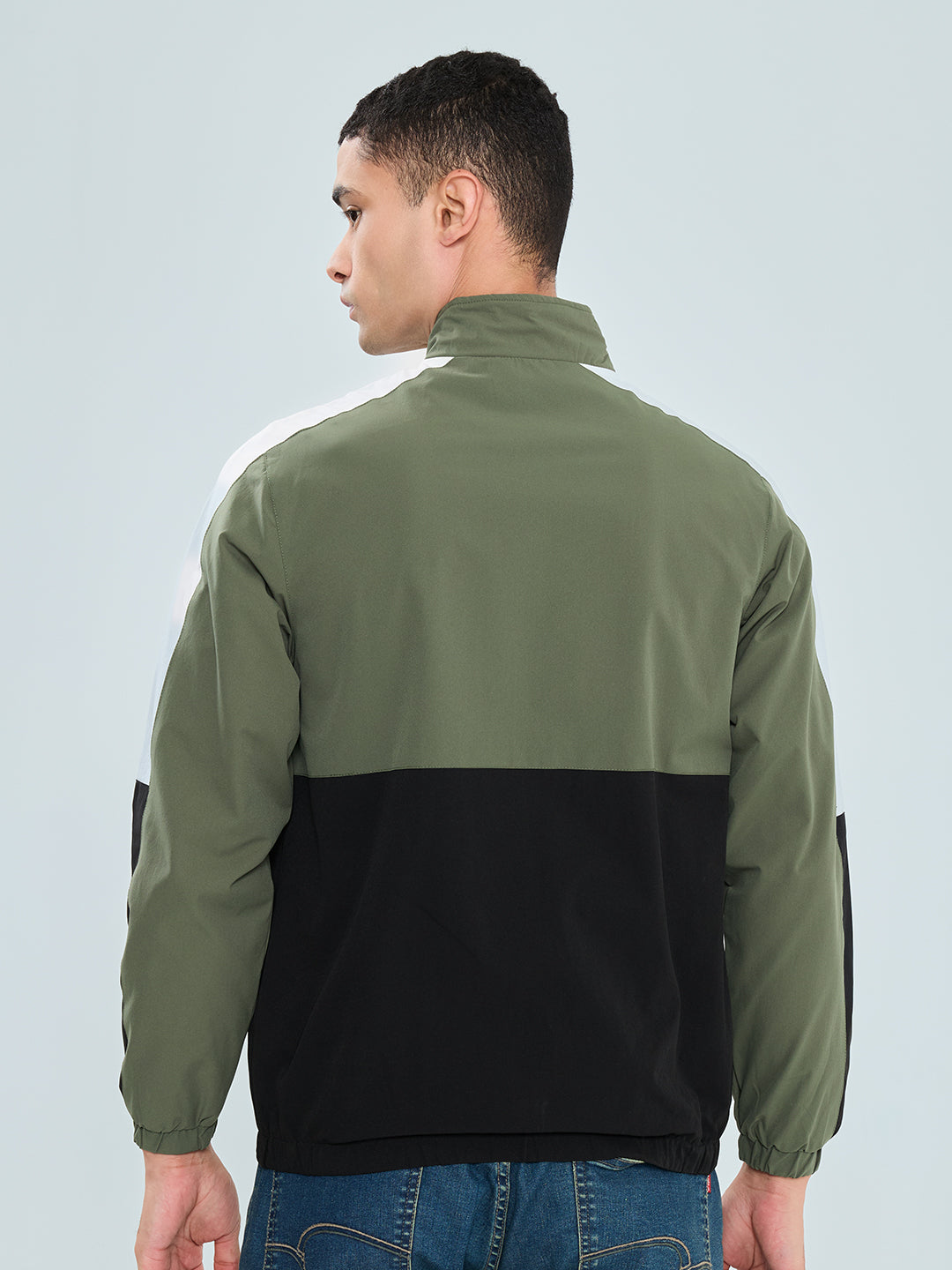 Men Olive Self Design Collar Full Sleeve Windcheater