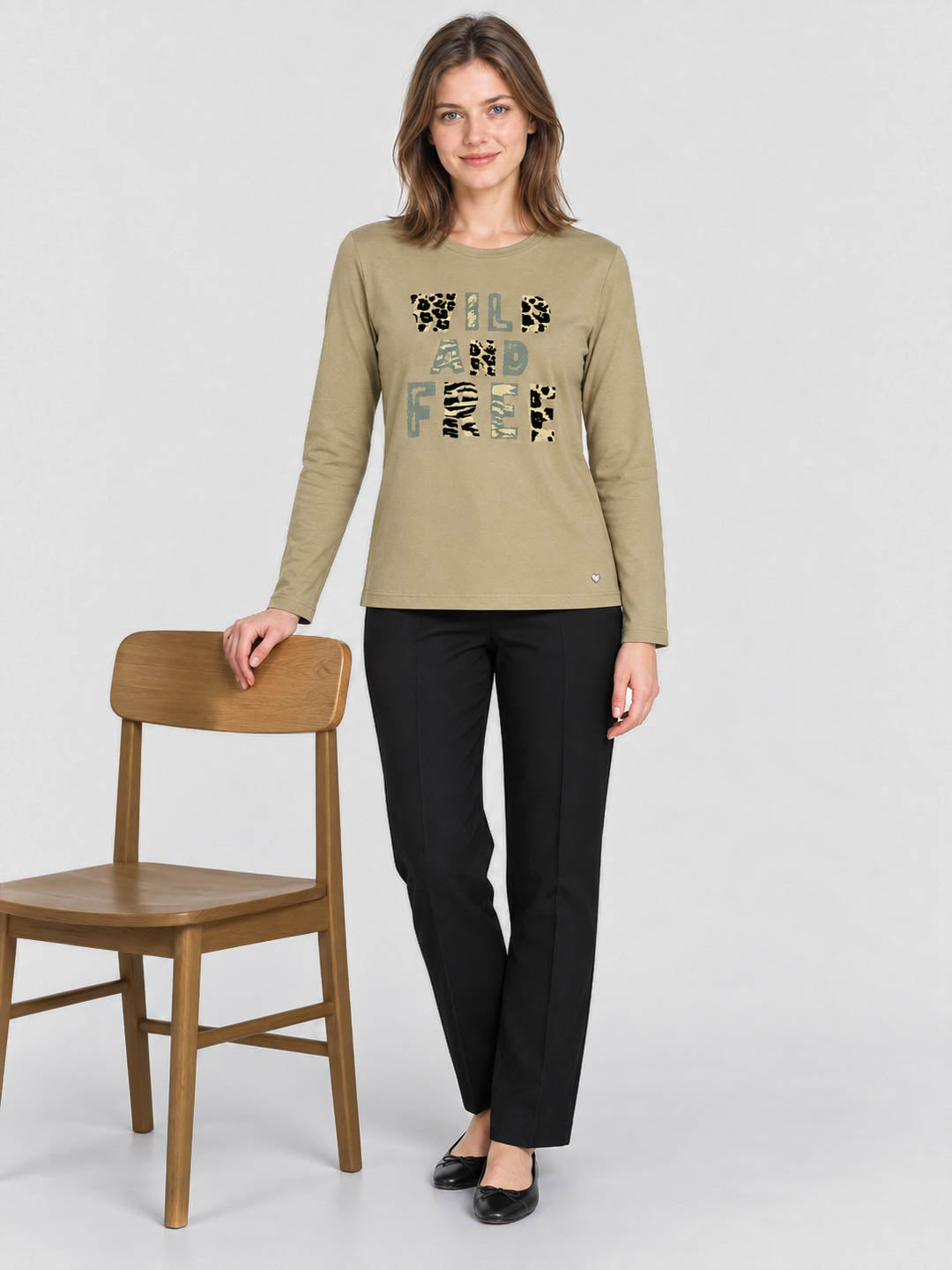Women Khaki Printed Round Neck Full Sleeve Winter T-Shirt