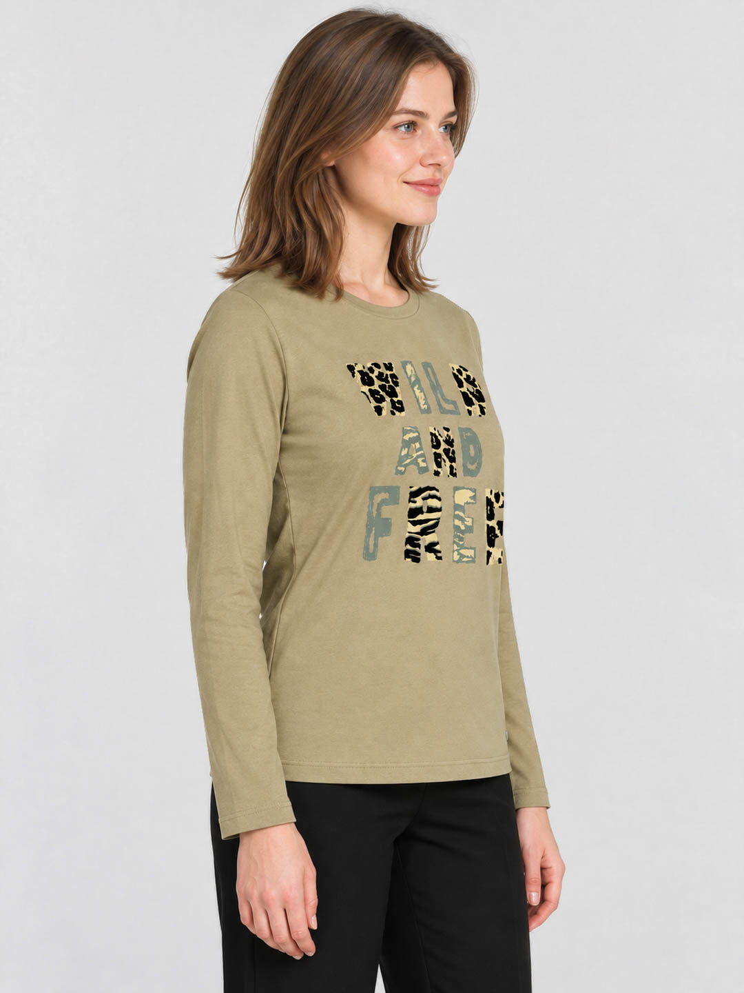 Women Khaki Printed Round Neck Full Sleeve Winter T-Shirt