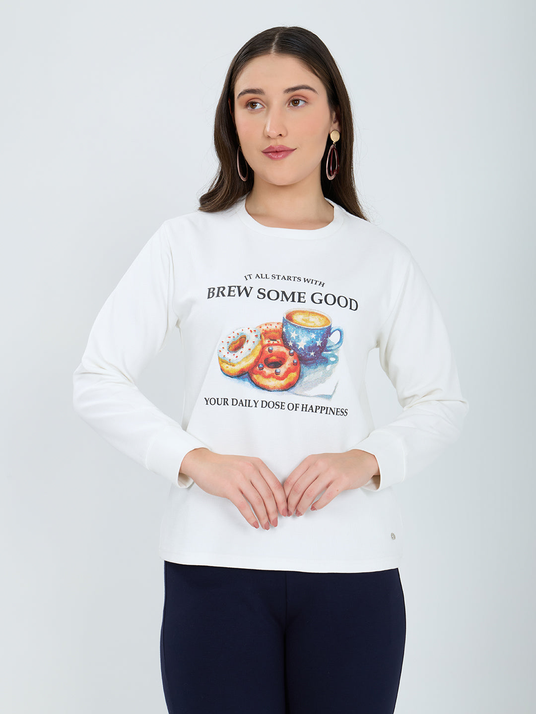 Women Off White Printed Round Neck Full Sleeve Winter Top