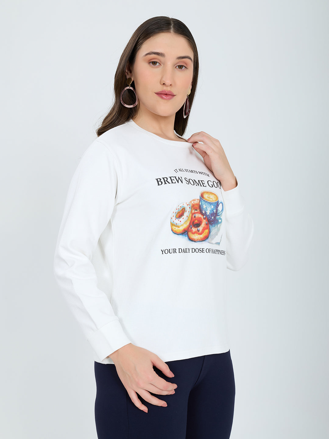 Women Off White Printed Round Neck Full Sleeve Winter Top