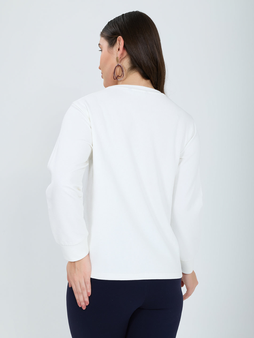 Women Off White Printed Round Neck Full Sleeve Winter Top