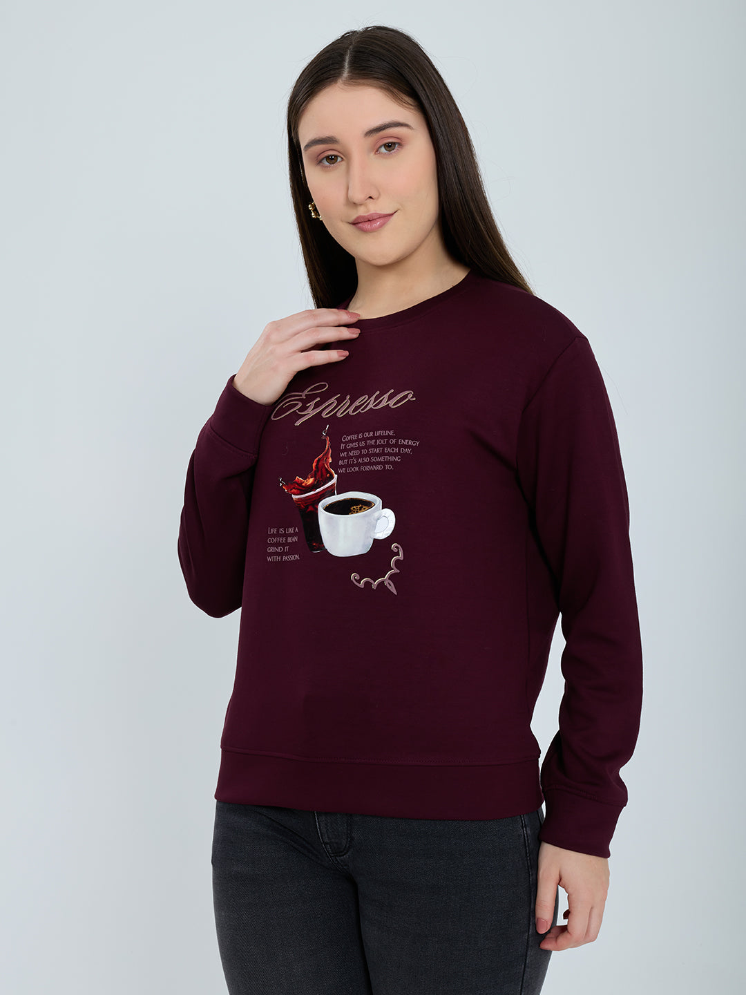Women Burgundy Printed Round Neck Full Sleeve Sweatshirt