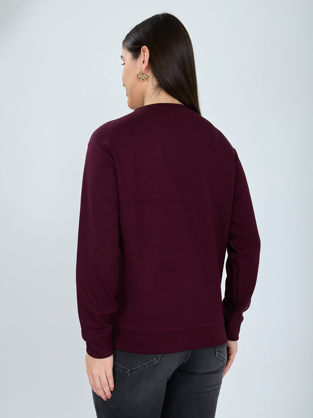 Women Burgundy Printed Round Neck Full Sleeve Sweatshirt