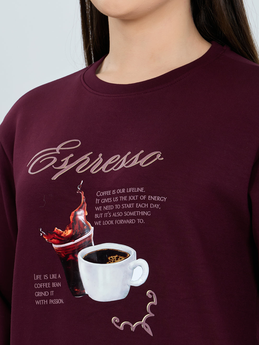 Women Burgundy Printed Round Neck Full Sleeve Sweatshirt
