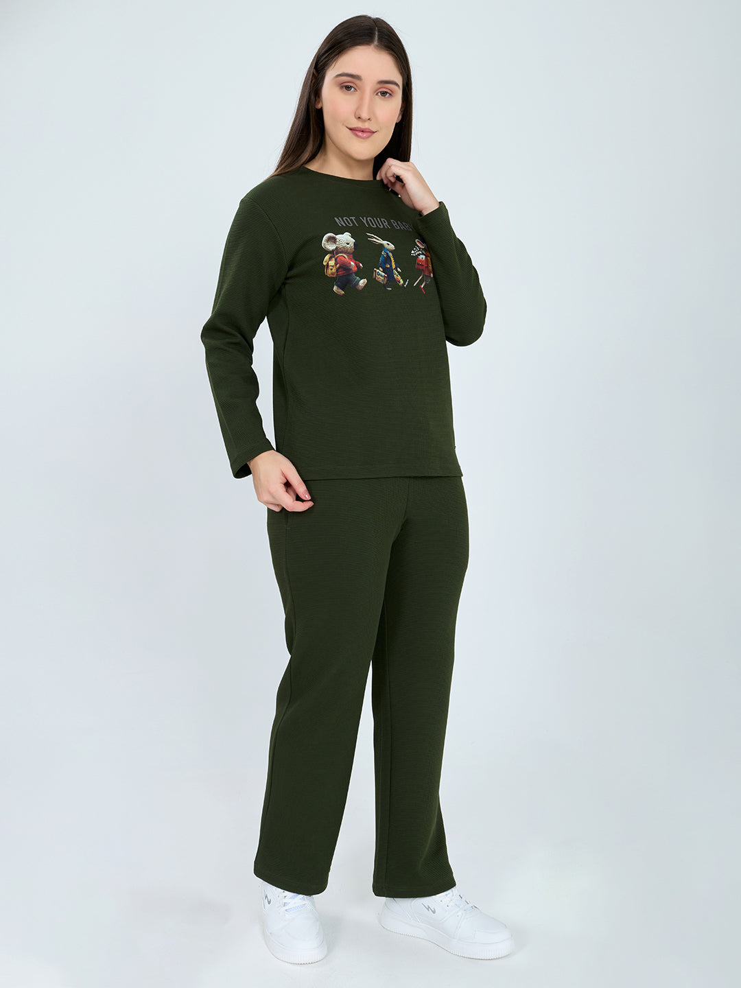 Women Olive Printed Round Neck Full Sleeve Cords Set