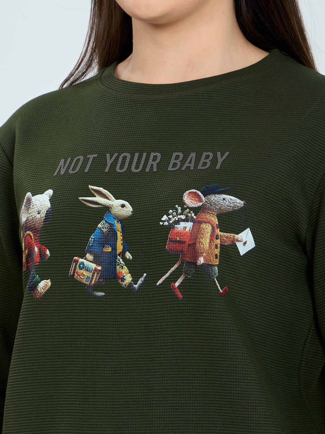 Women Olive Printed Round Neck Full Sleeve Cords Set