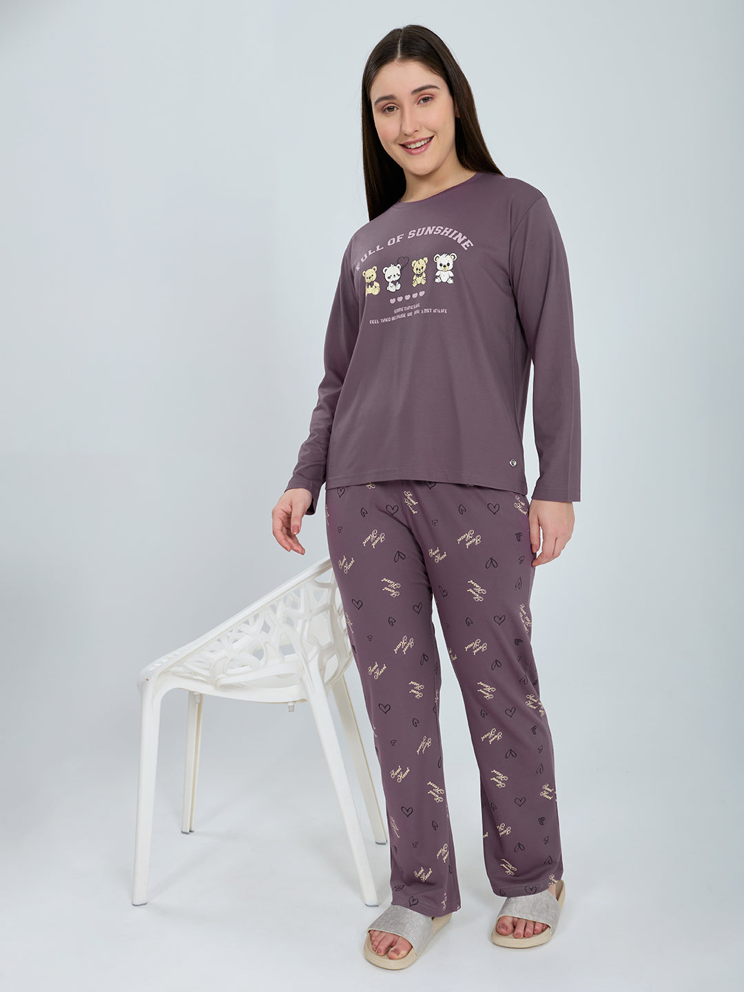 Women Purple Printed Round Neck Full Sleeve Lower Set