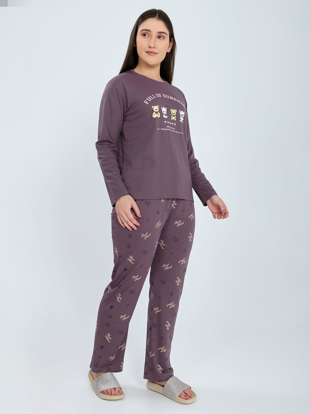 Women Purple Printed Round Neck Full Sleeve Lower Set