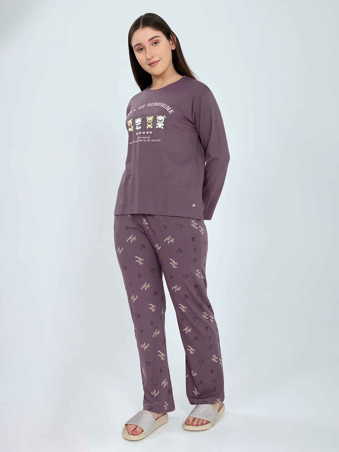 Women Purple Printed Round Neck Full Sleeve Lower Set