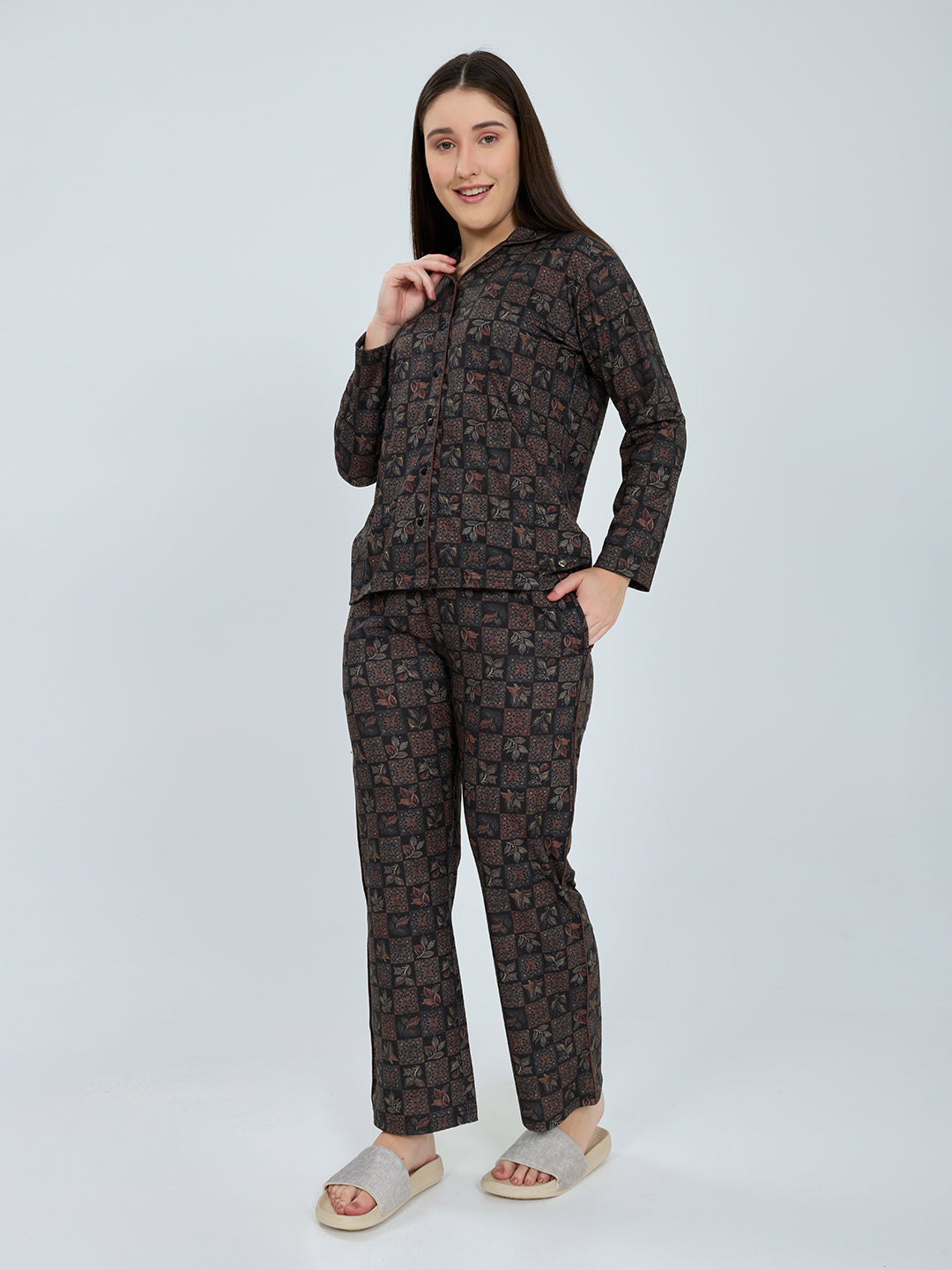 Women Black Printed Fashion Neck Full Sleeve Lower Set