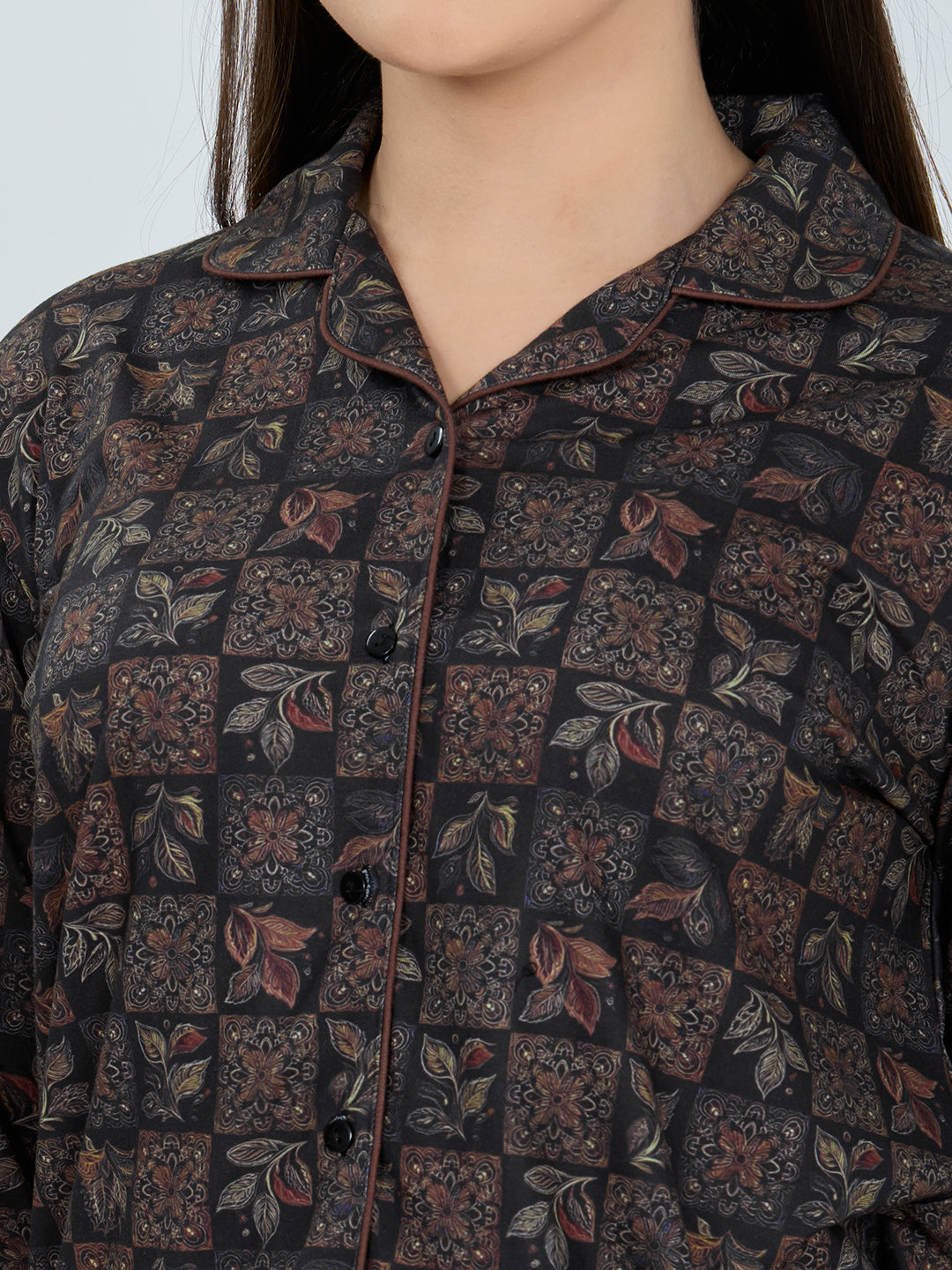 Women Black Printed Fashion Neck Full Sleeve Lower Set