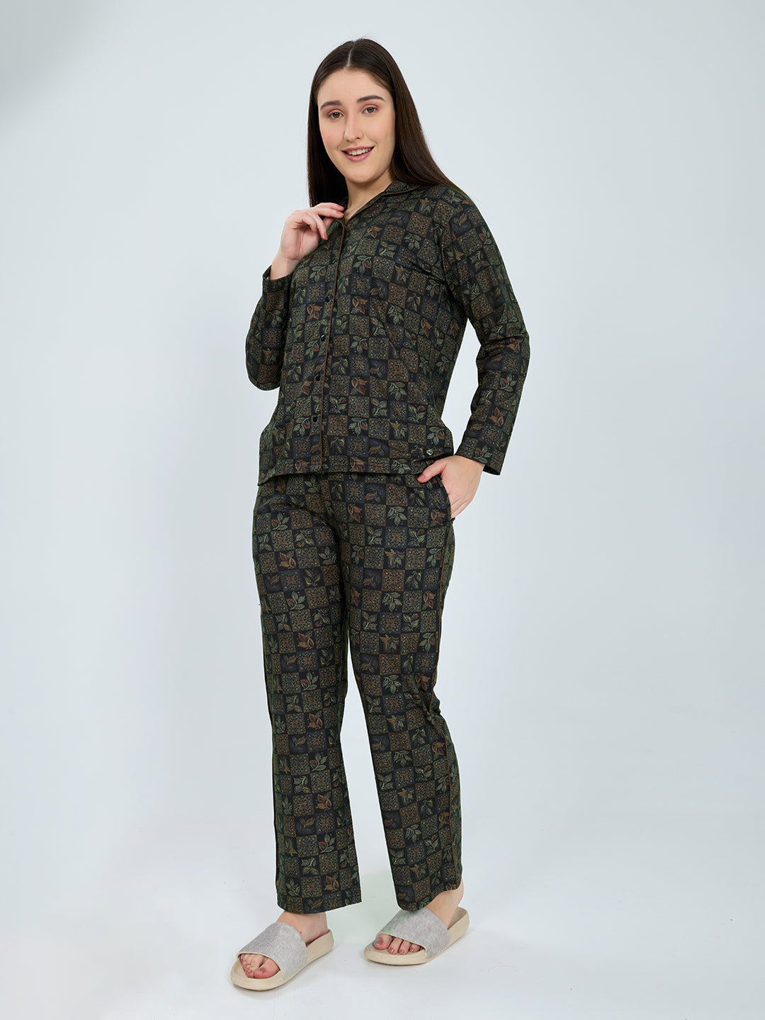 Women Green Printed Fashion Neck Full Sleeve Lower Set