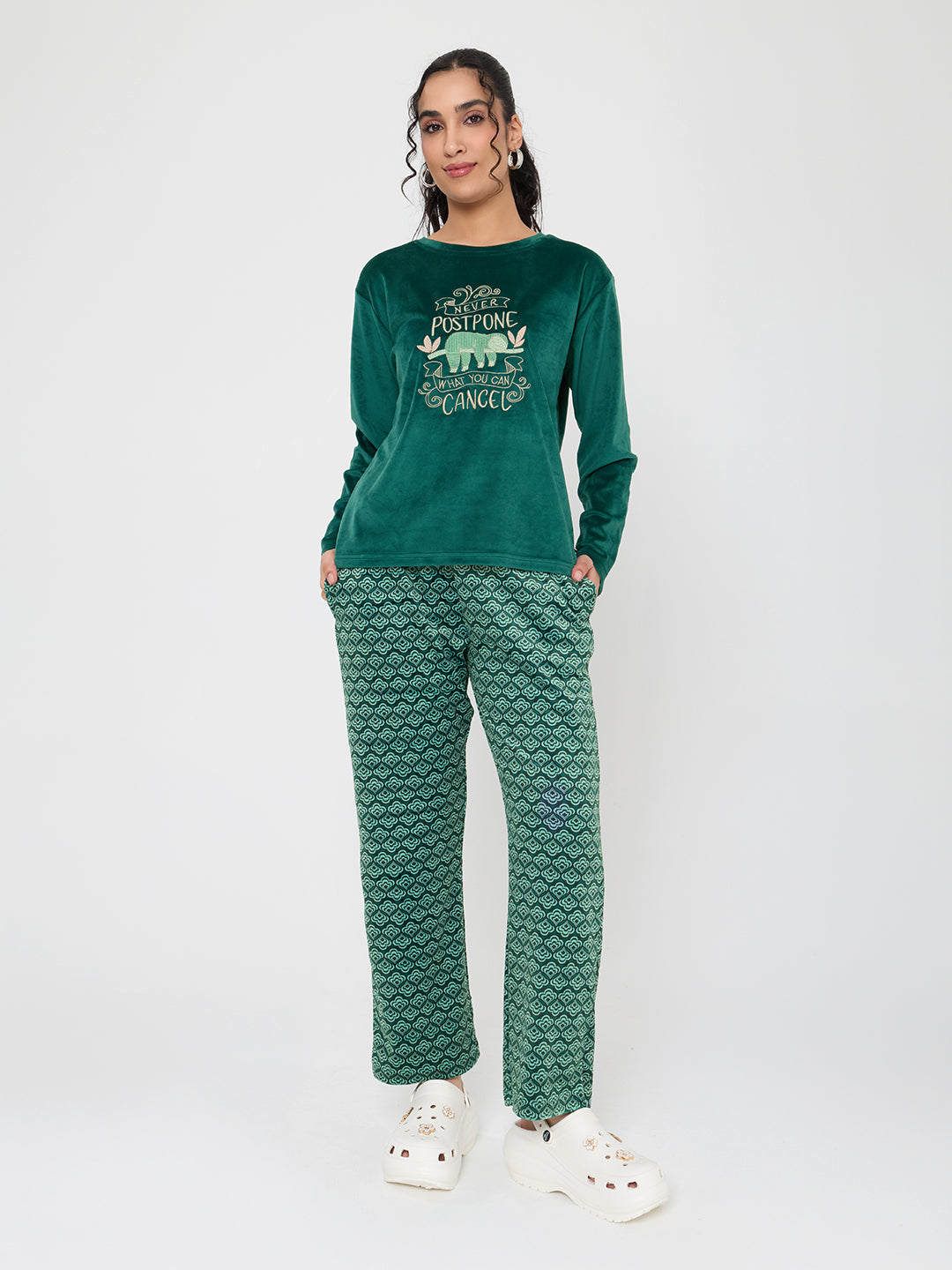 Women Green Embroidered Round Neck Full Sleeve Lower Set
